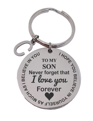 To my Son- Round Engraved Keyring With Letter Charm