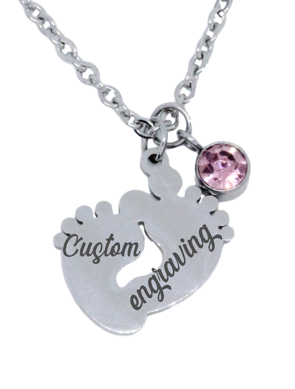 Engraved Feet Pendant with Birthstone Charm & Chain-Charmed Jewellery