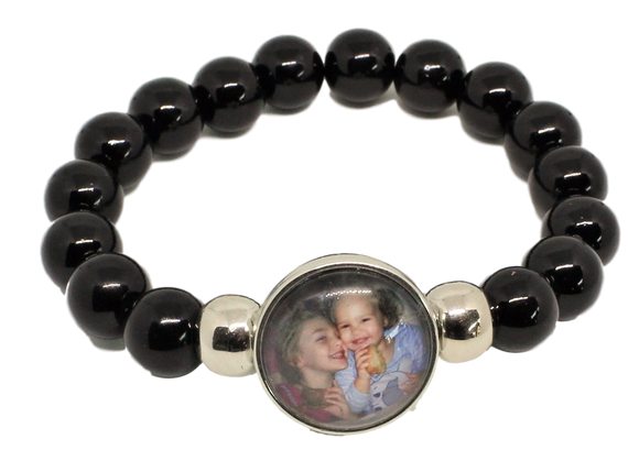 Large 1 Snap Stretch Bead Bangle Black + Photo Charm (click product to upload photos)-Charmed Jewellery
