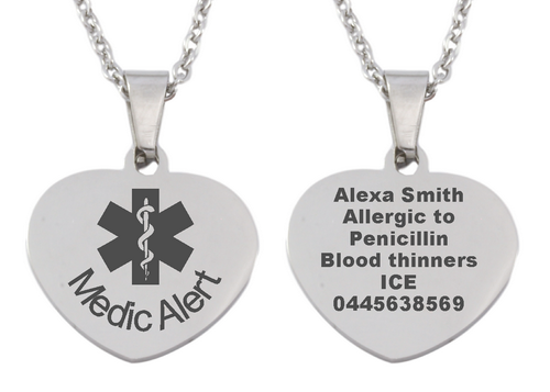 Personalized Medical Alert Stainless Steel Heart Pendant and Chain-Charmed Jewellery