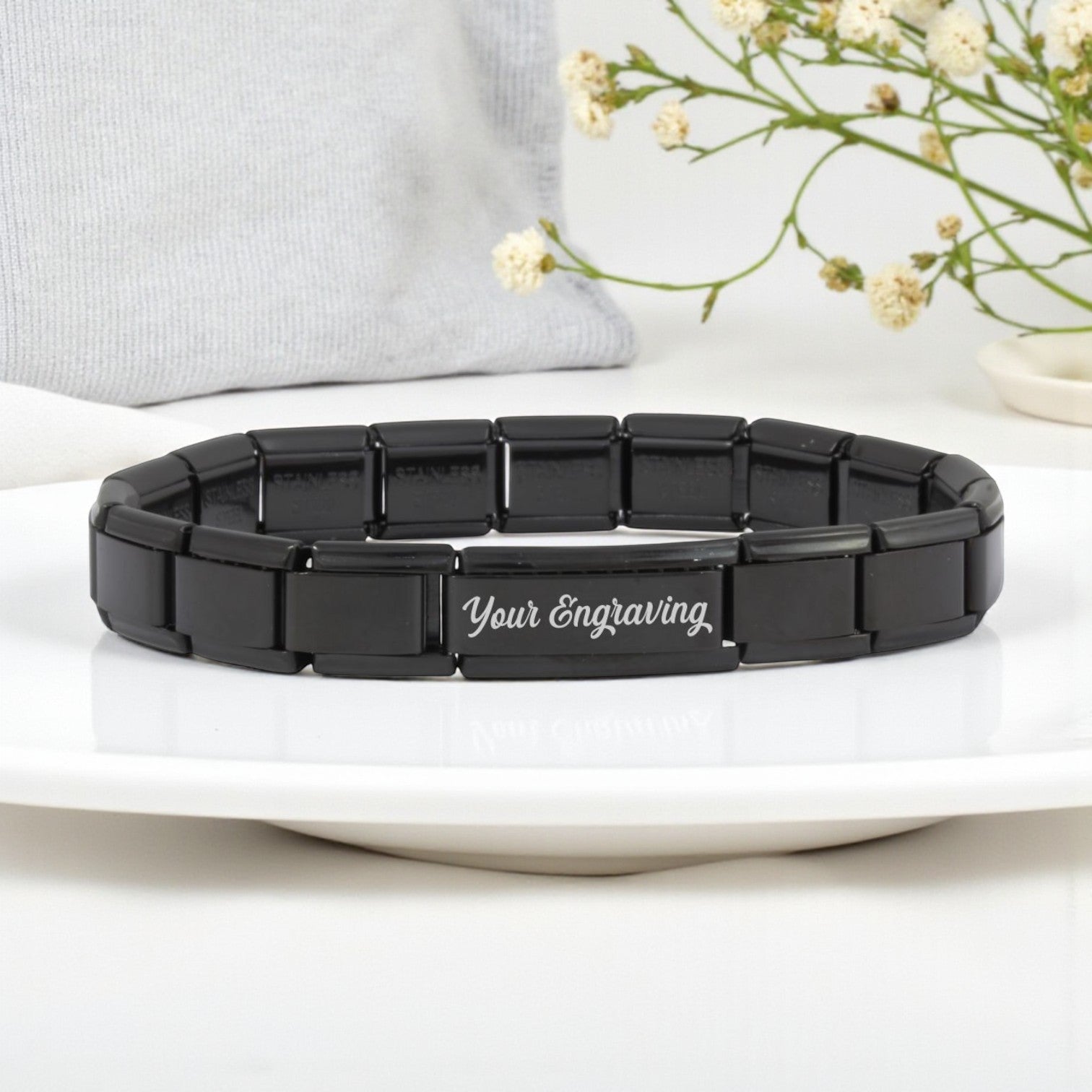 9mm Black Superlink Engraved Italian Charm Bracelet