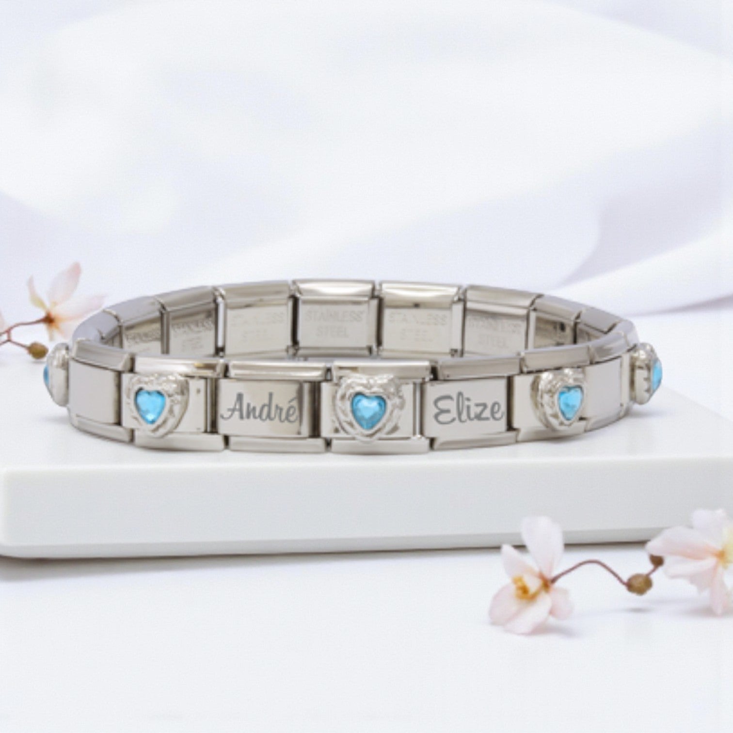 9mm Custom Engraved Blue Heart Stone Italian Charm Bracelet