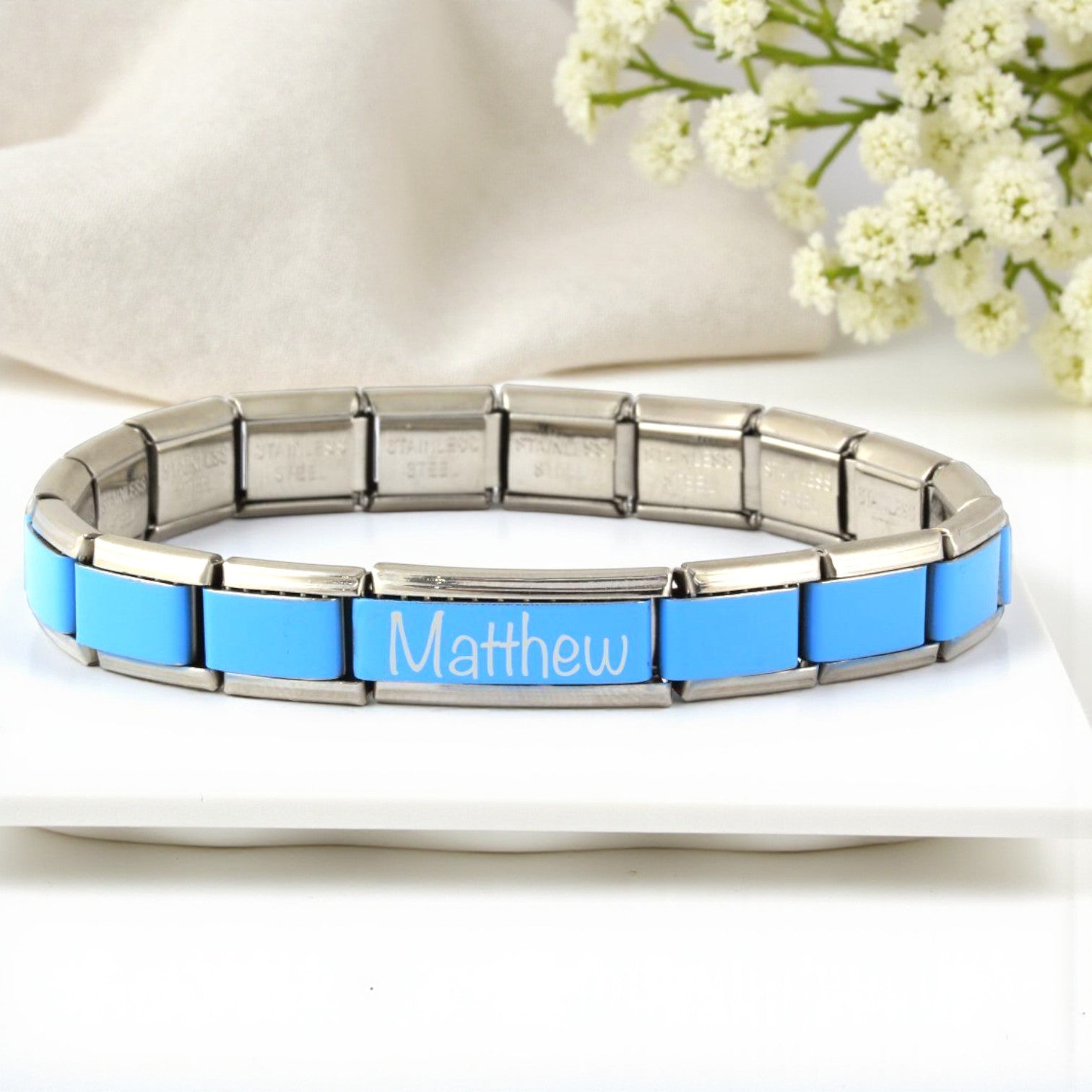 9mm Blue Superlink Engraved Italian Charm Bracelet