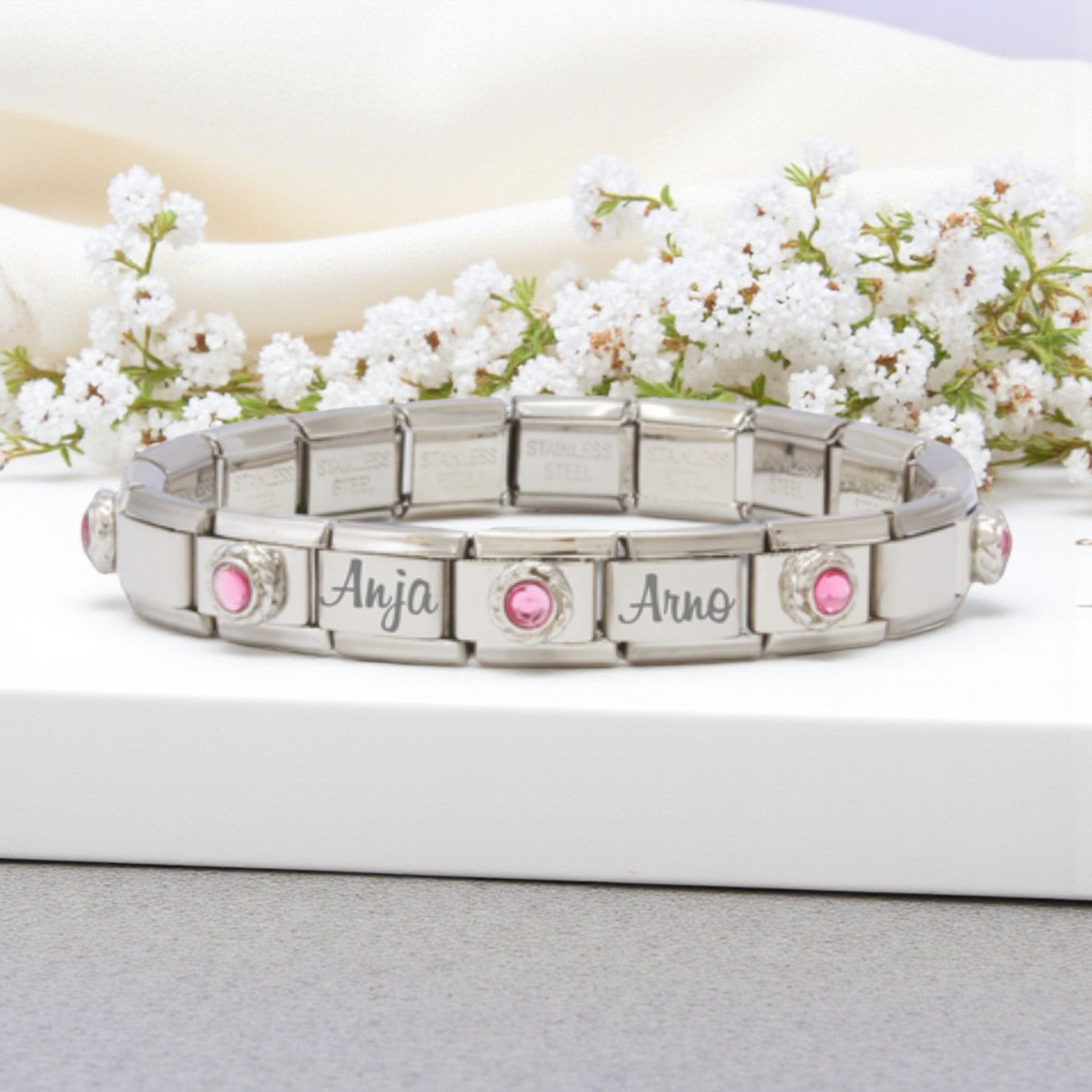 9mm Custom Engraved Pink Stone Italian Charm Bracelet