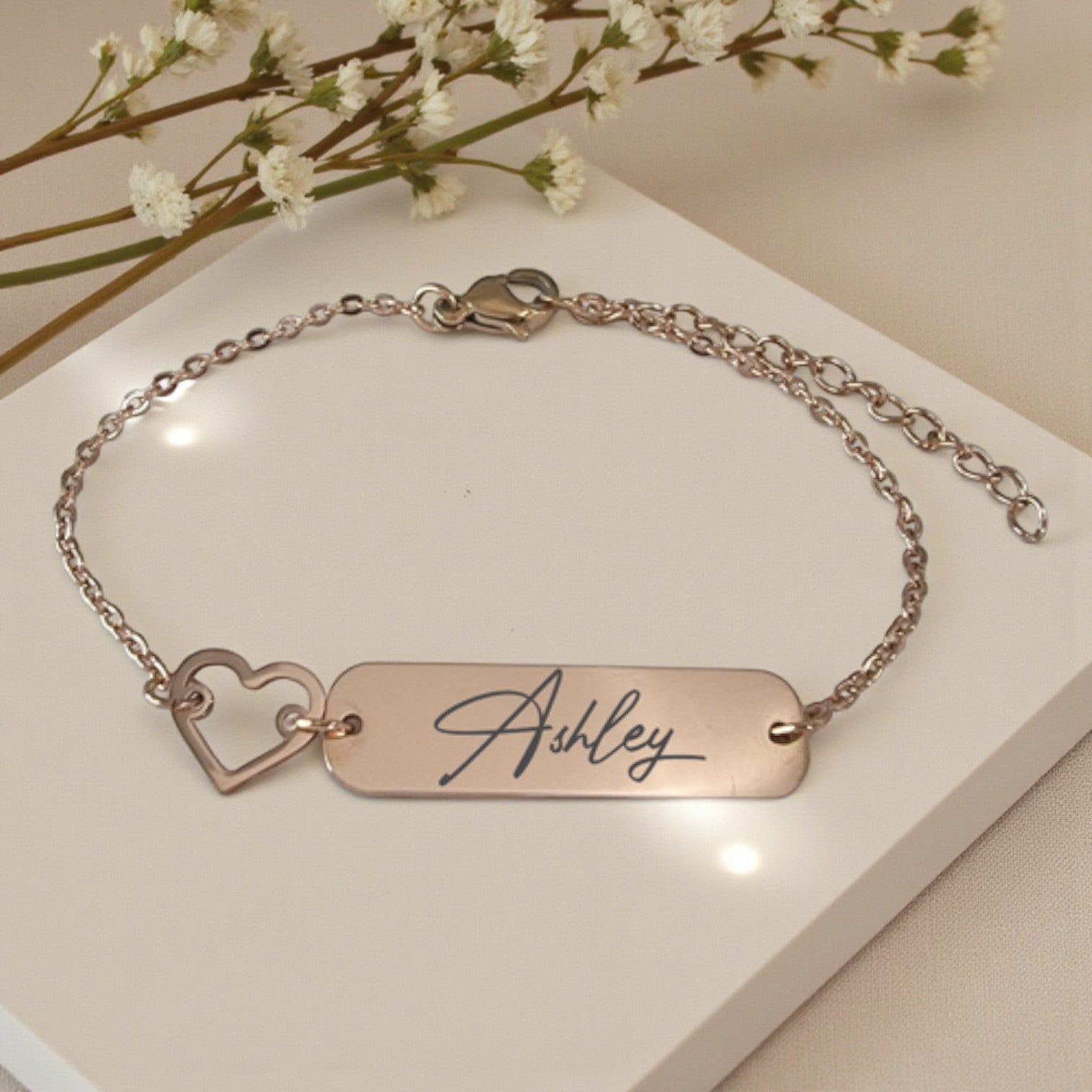 Personalized Stainless Steel Rose Gold Plated ID Bracelet with Heart