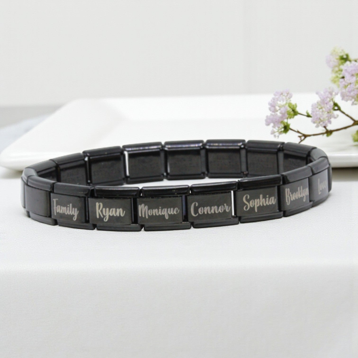 9mm Full Engraved Name Italian Charm Bracelet (Black)