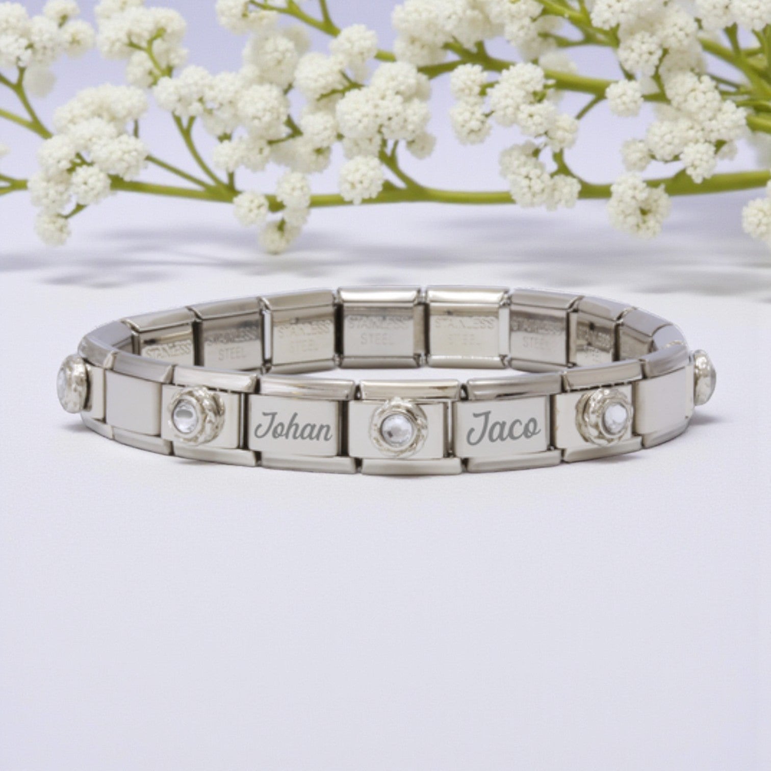 9mm Custom Engraved White Stone Italian Charm Bracelet