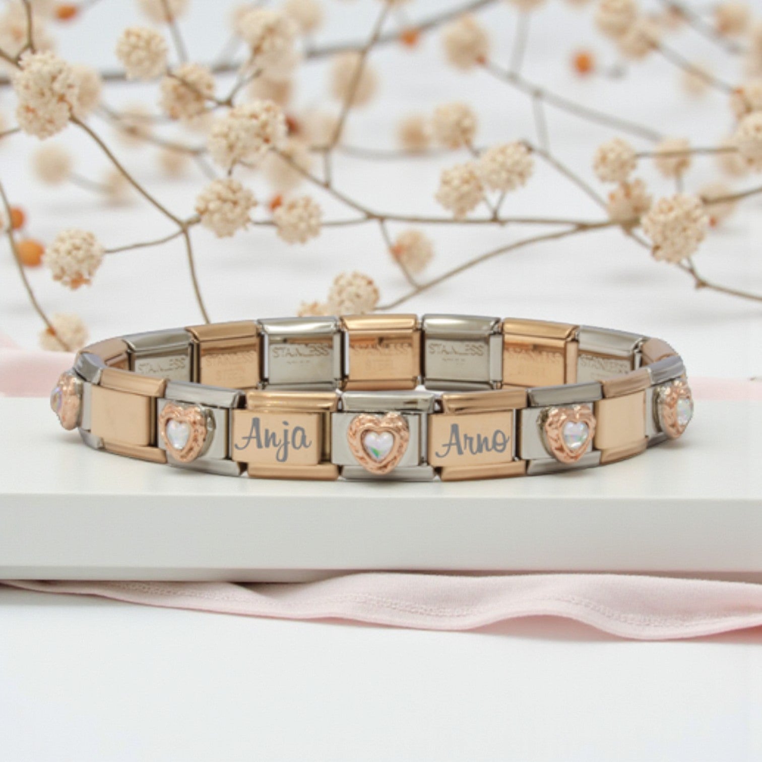 9mm Custom Engraved White Heart Stone Italian Charm Bracelet