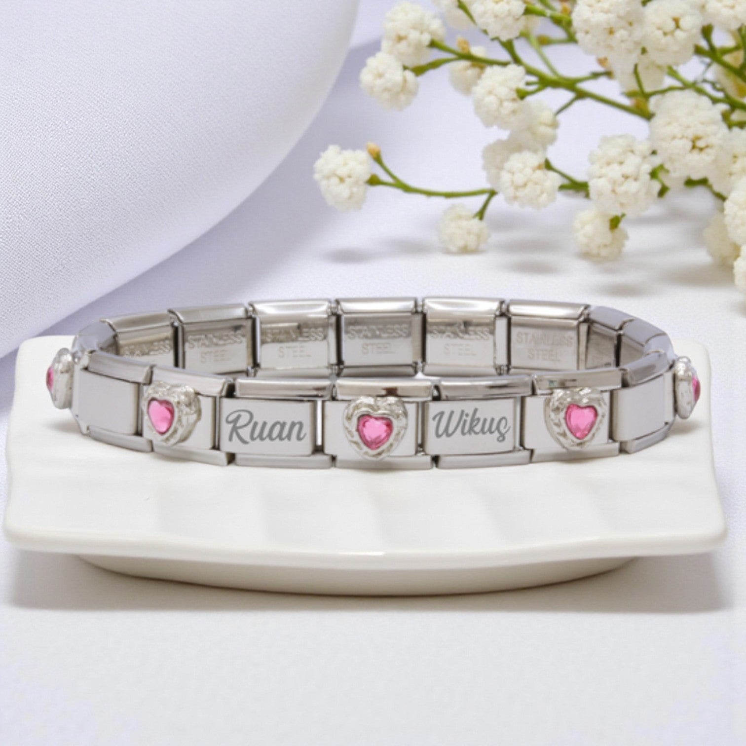 Custom Engraved Pink Heart Stone Italian Charm Bracelet