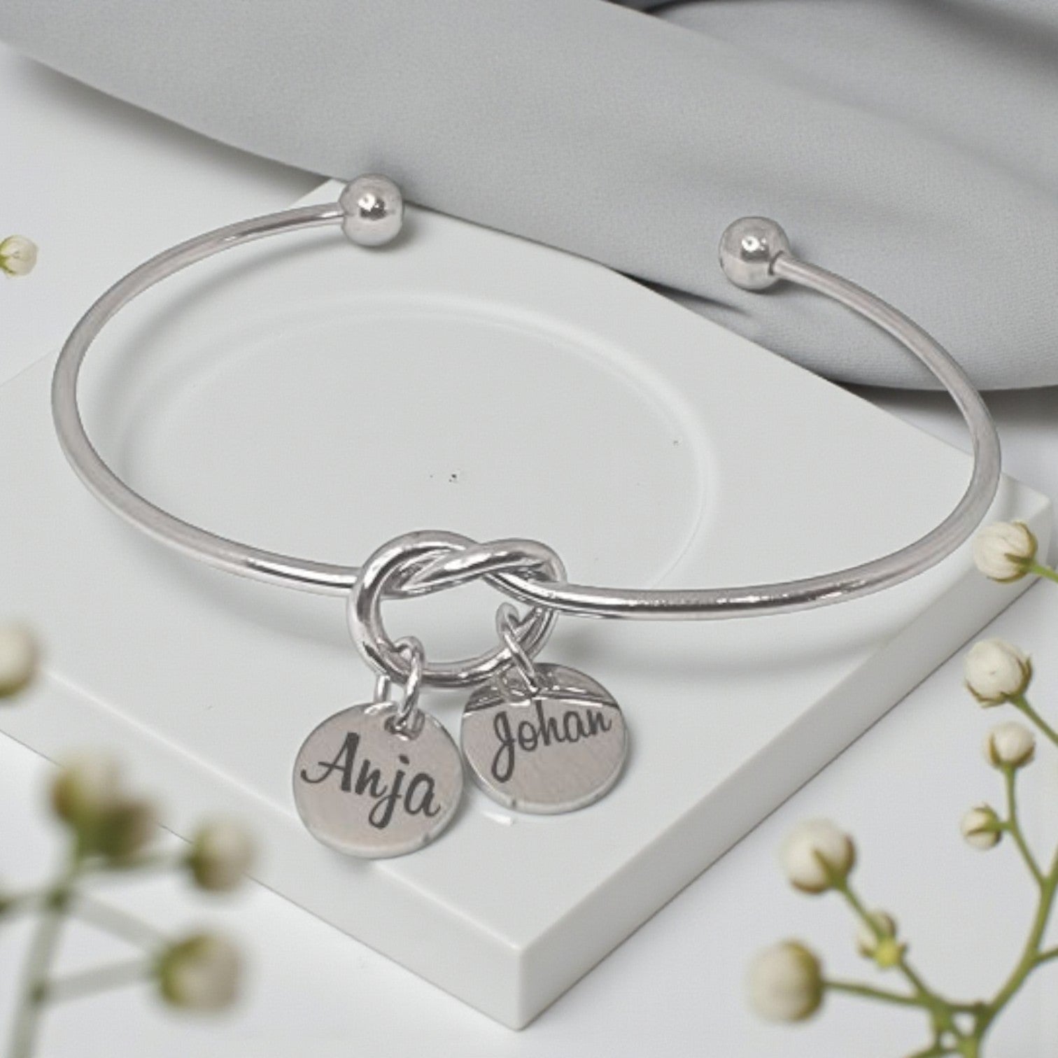 Infinity Knot Bangle with 2 Engraved Charms