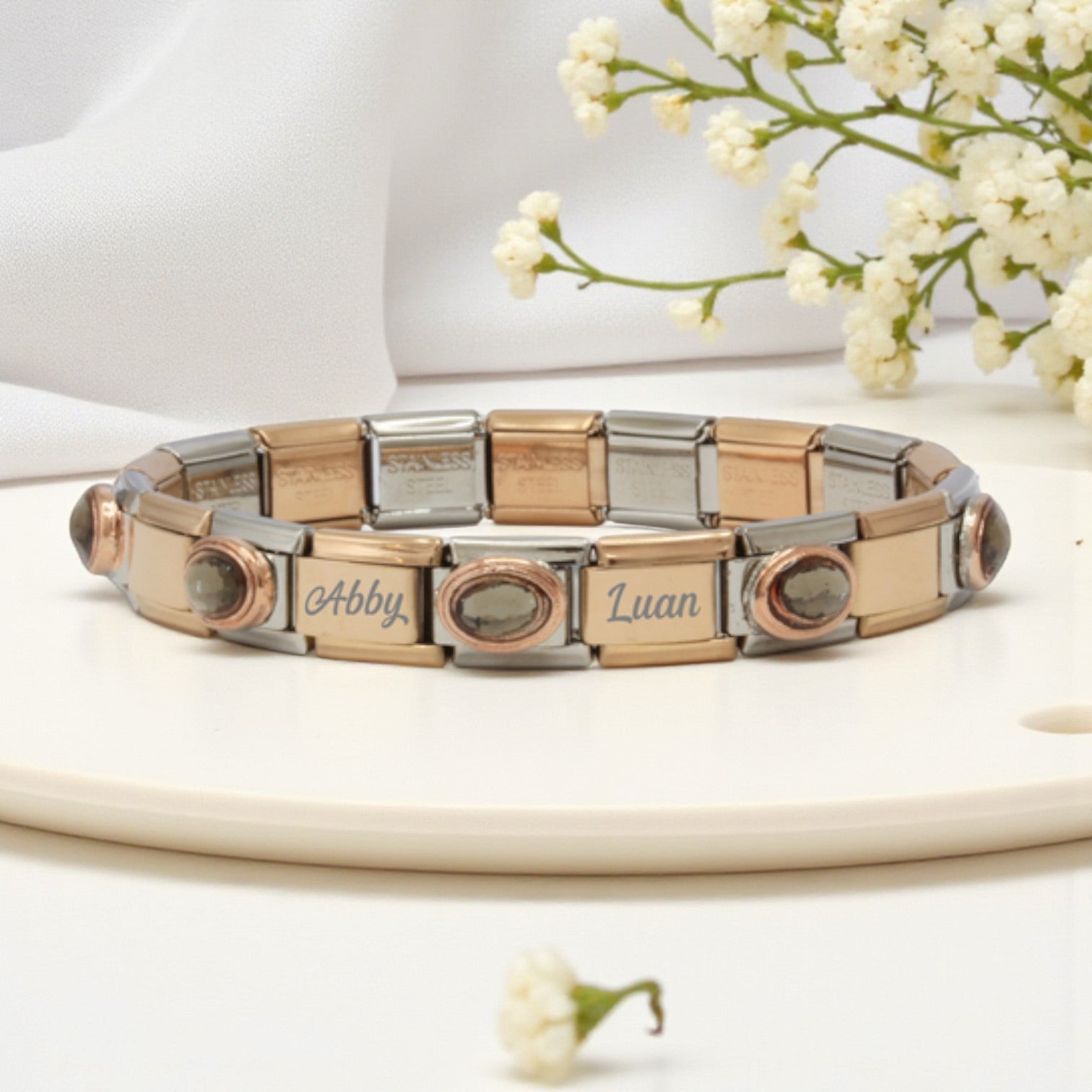 9mm Custom Engraved Grey Stone Italian Charm Bracelet