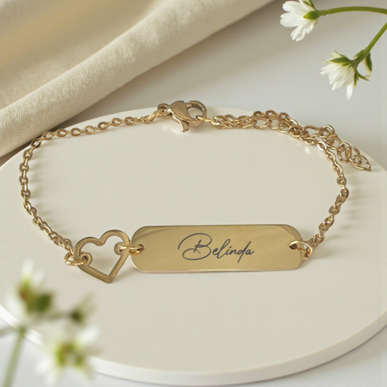 Personalized Stainless Steel Gold Plated ID Bracelet with Heart
