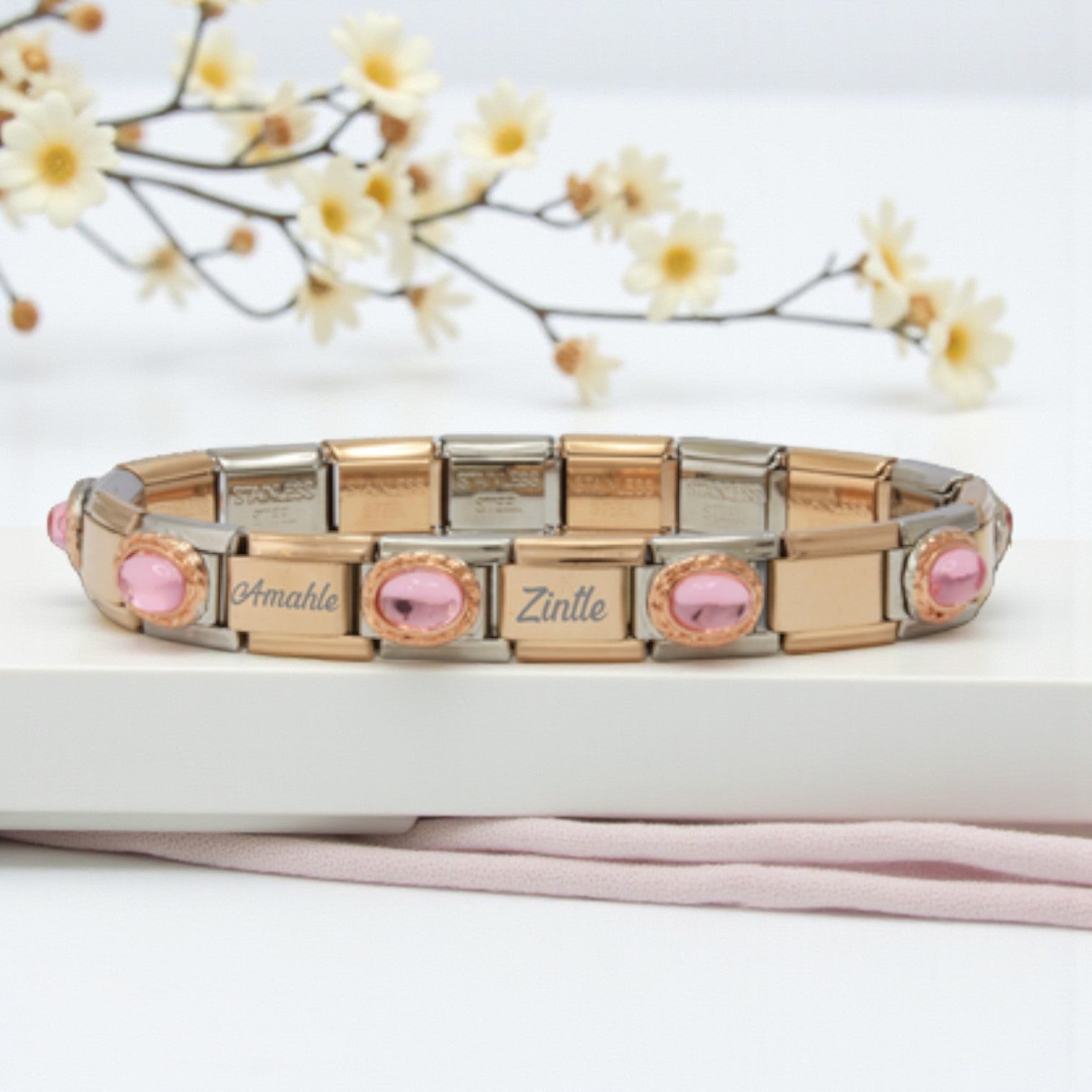 9mm Custom Engraved Rose Pink Stone Italian Charm Bracelet