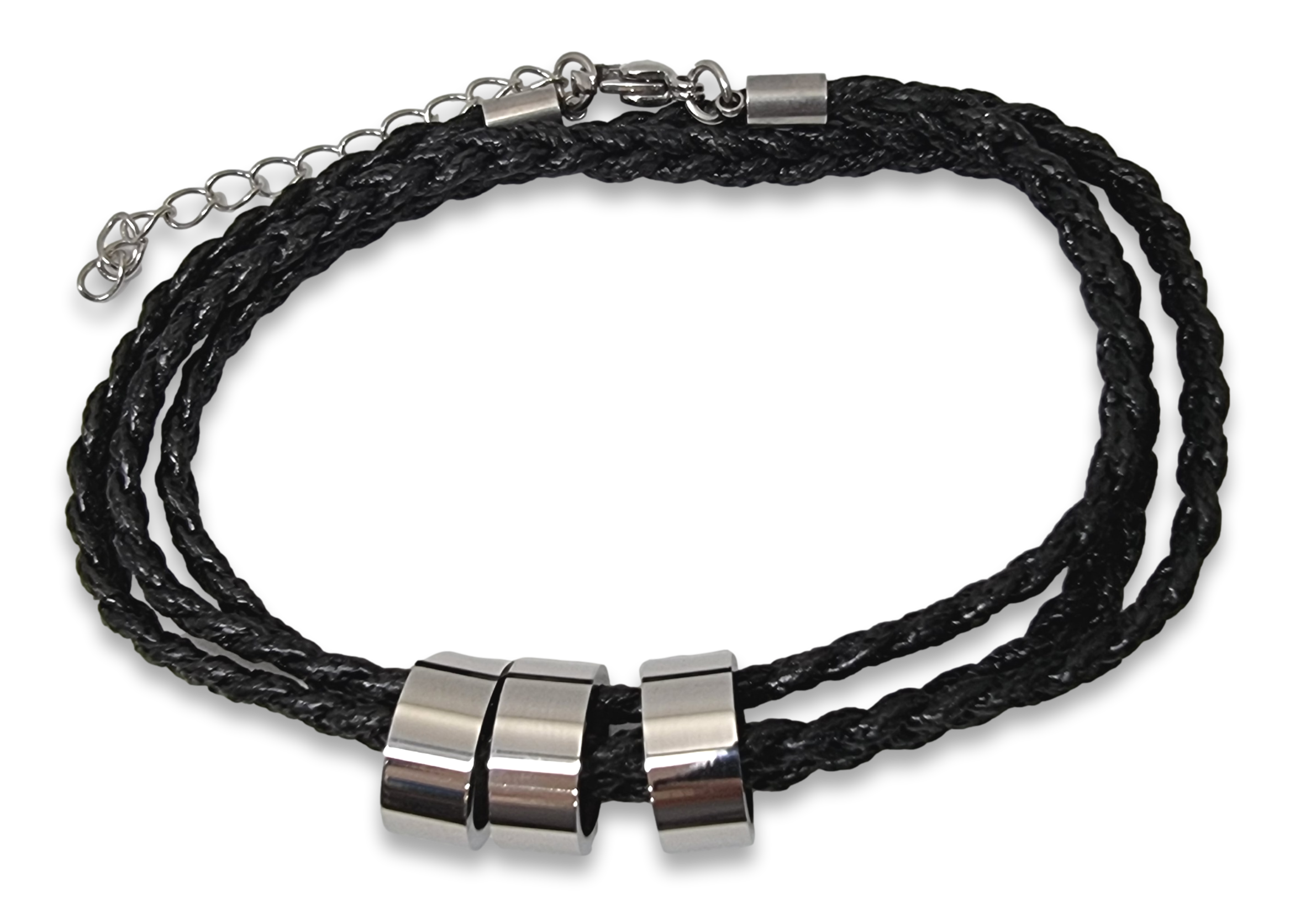 Adjustable Black Rope Bracelet with 3 Custom Engraved Rings