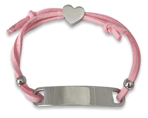Personalized Kids Pink Cord ID Bracelet with Engraved Heart Charm