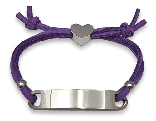 Personalized Kids Purple Cord ID Bracelet with Engraved Heart Charm