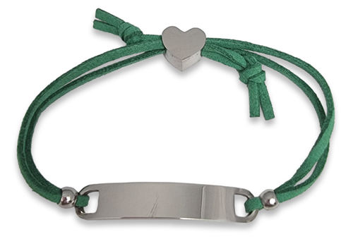 Kids Green Cord ID Bracelet with Engraved Heart Charm