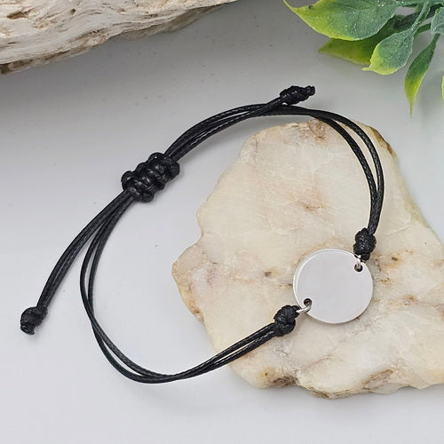Adjustable Black Cord Bracelet with Small Round Charm