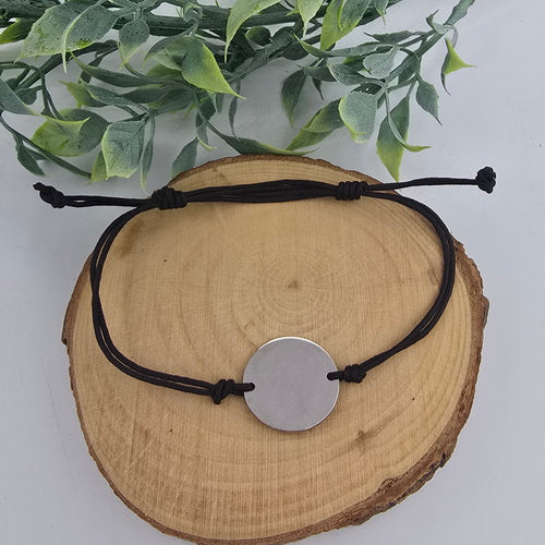 Photo Engraved Round Disc on Adjustable Black Cord Bracelet