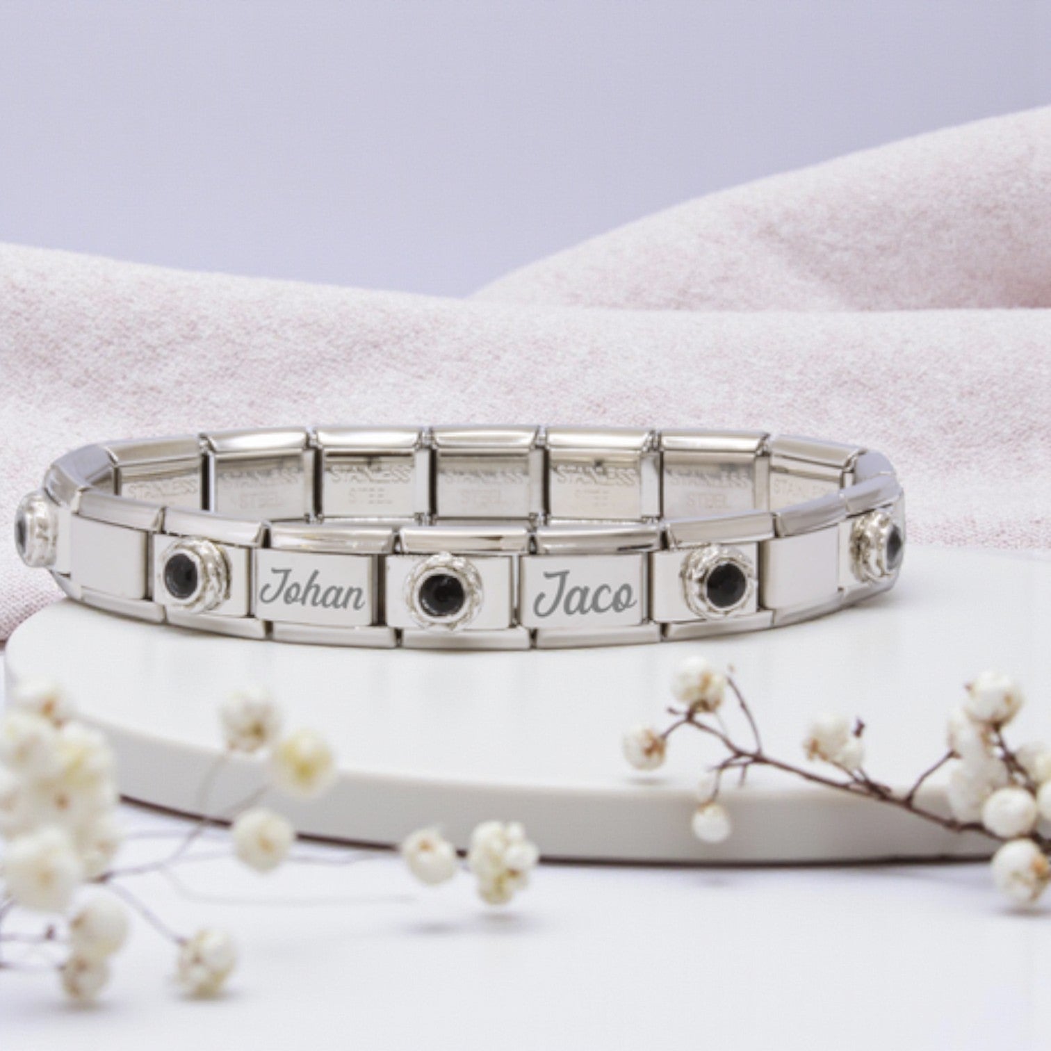 9mm Custom Engraved Black Stone Italian Charm Bracelet