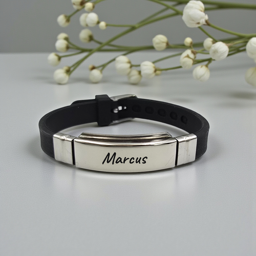 Personalized Engraved Adjustable Black Rubber Bracelet