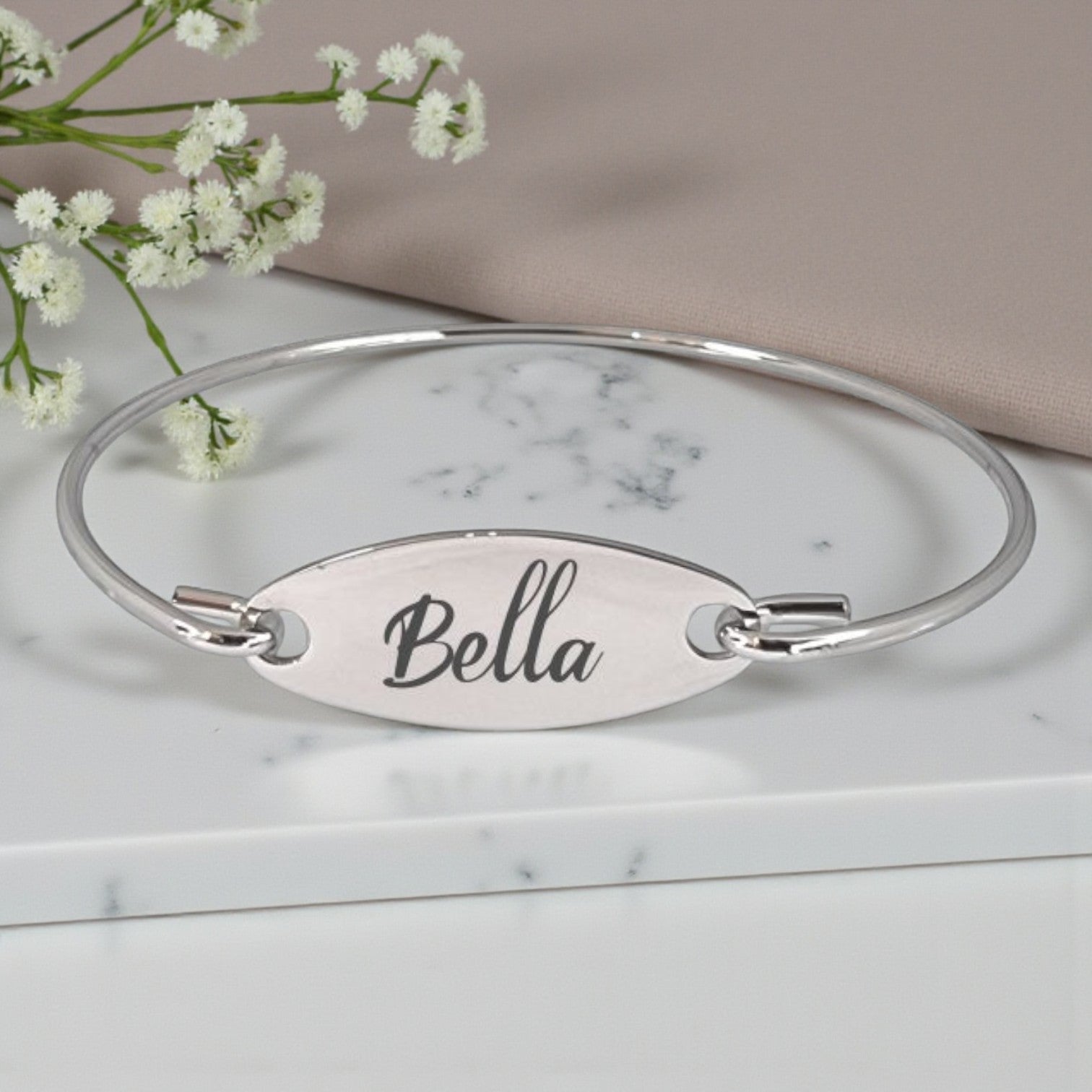 Personalized Stainless Steel Hook Bangle with Oval Charm