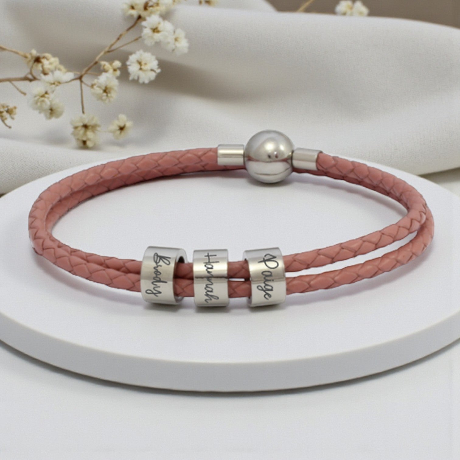 Pink Rope Bracelet with 3 Custom Engraved Rings