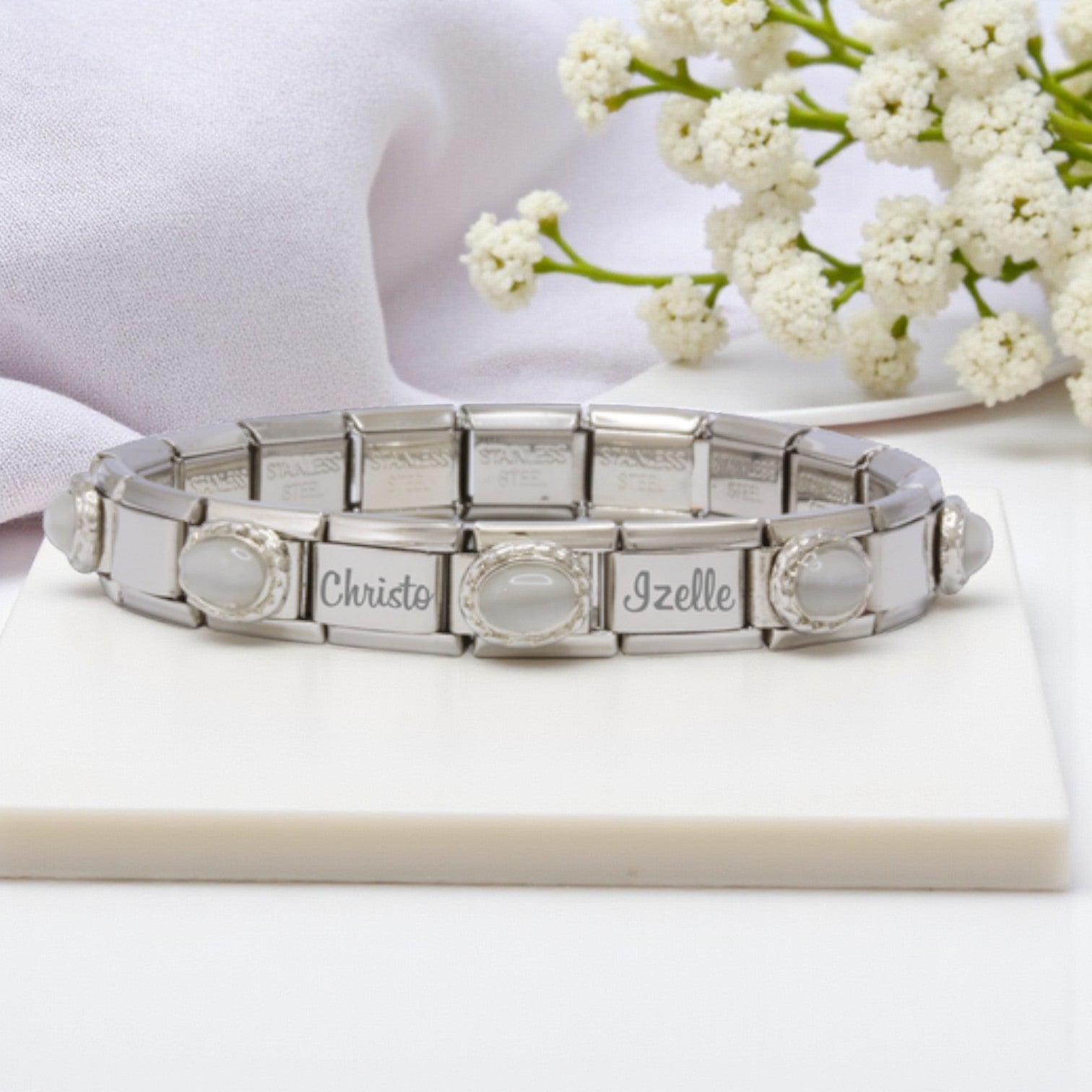 9mm Custom Engraved Grey Oval Stone Italian Charm Bracelet