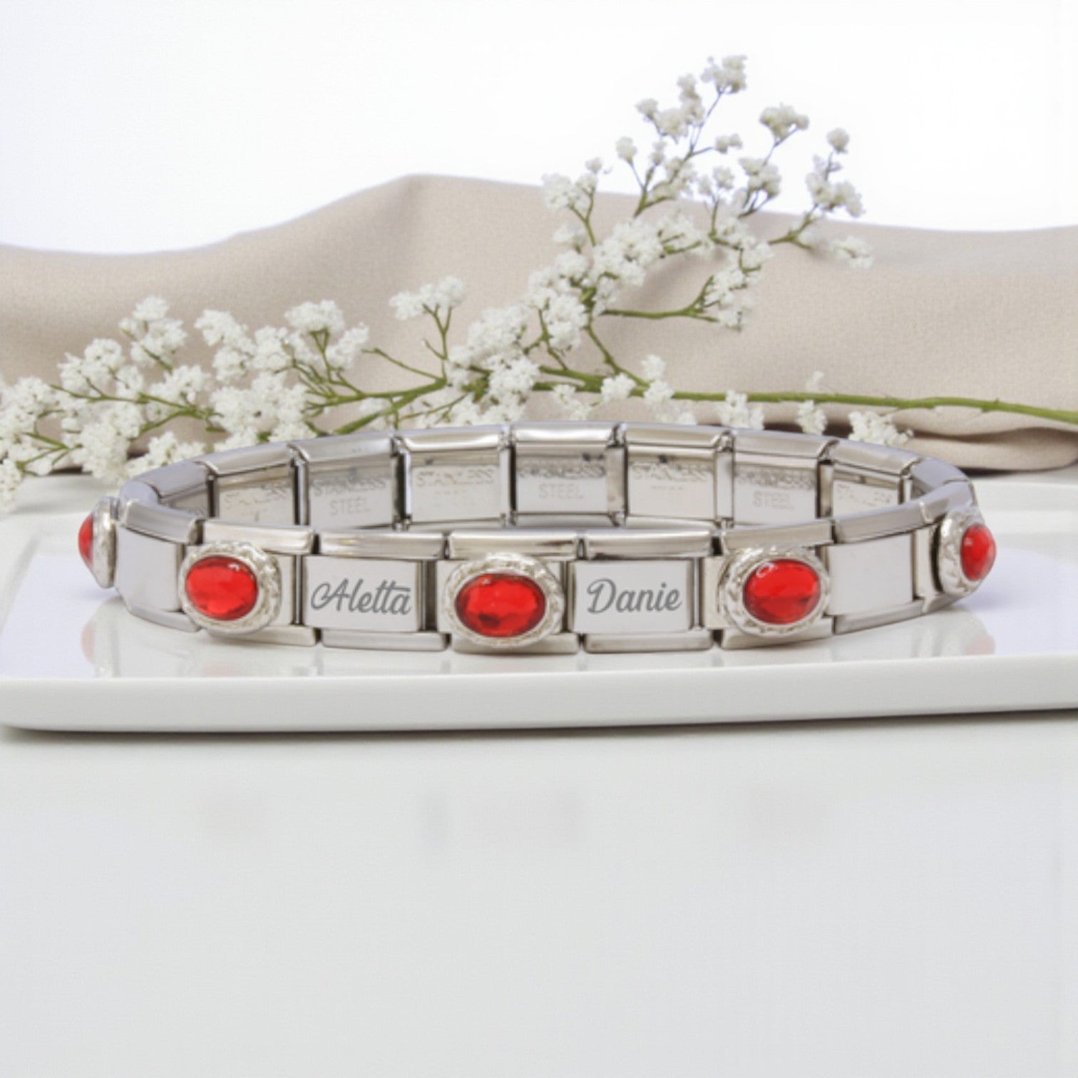 9mm Custom Engraved Red Stone Italian Charm Bracelet