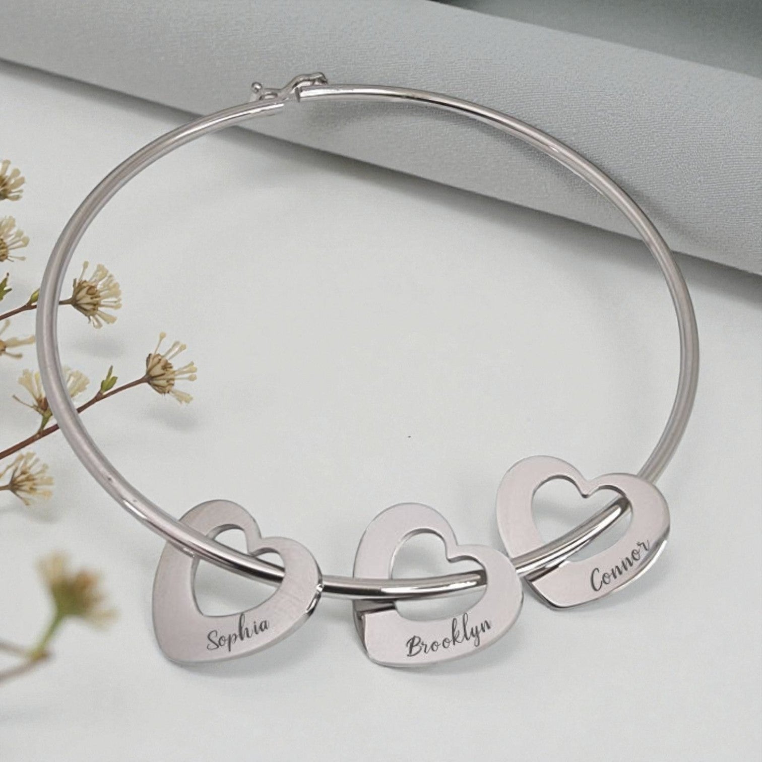 Stainless Steel Bangle with 3 Engraved Heart Charms