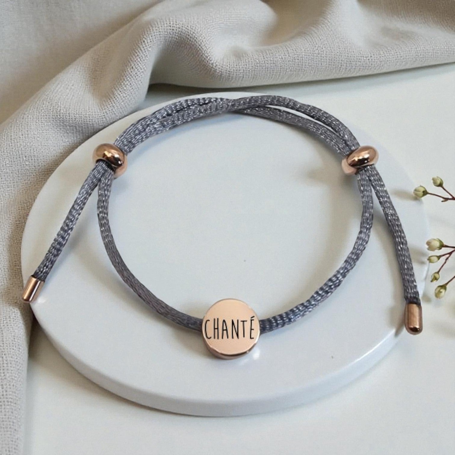 Personalized Grey Rope Bracelet with Rose Gold Charm