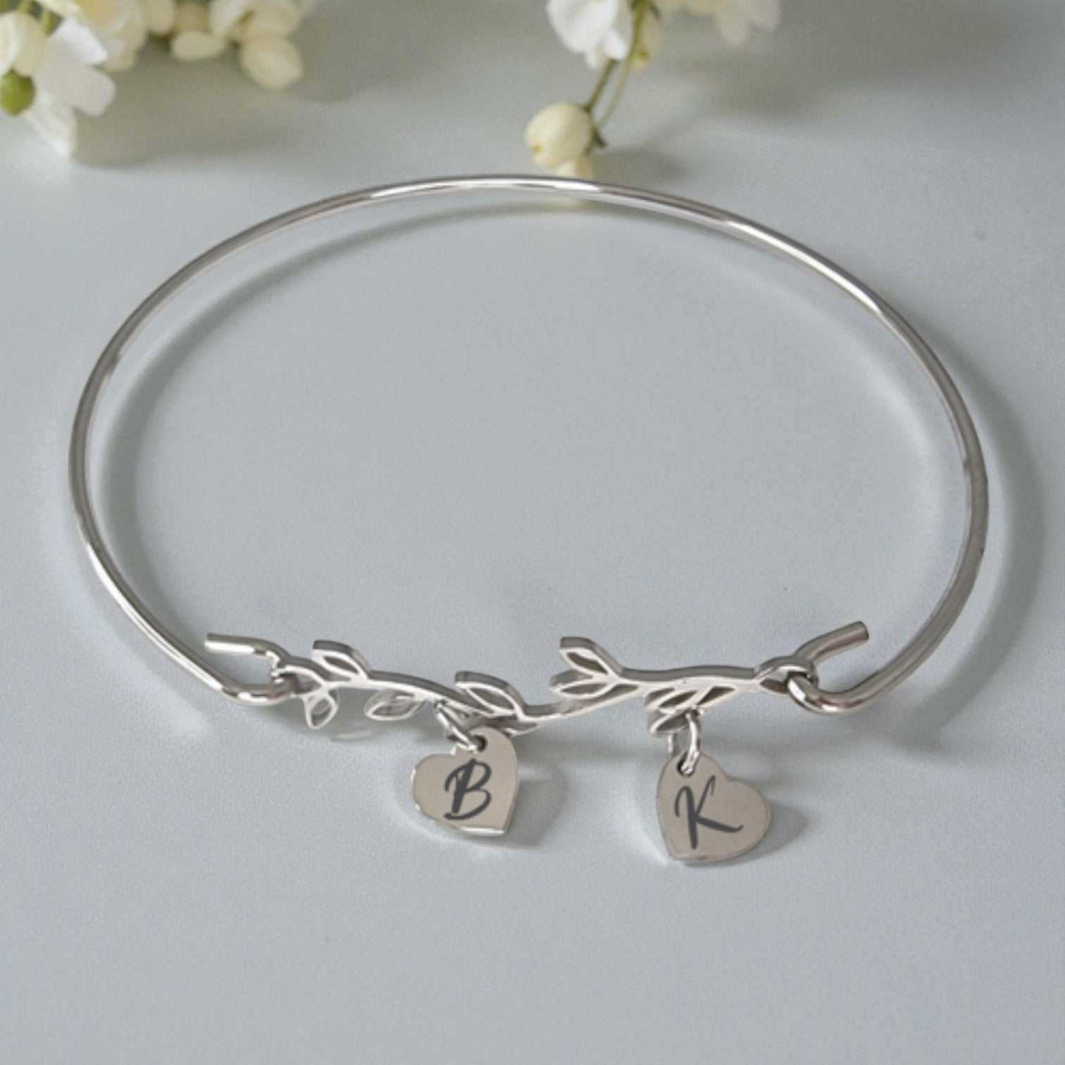 Stainless Steel Branch Bangle 2 Heart Charms