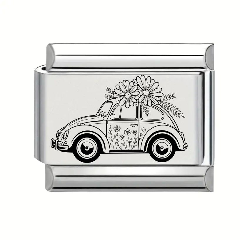 9mm Laser Engraved Charm - Flower Car