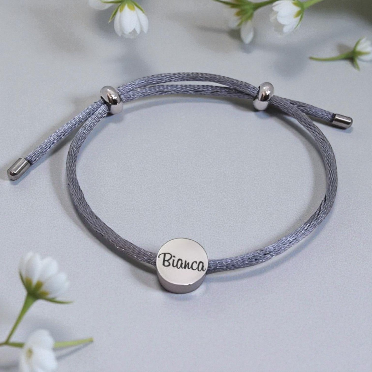 Adjustable Grey Rope Bracelet with Round Engraved Charm