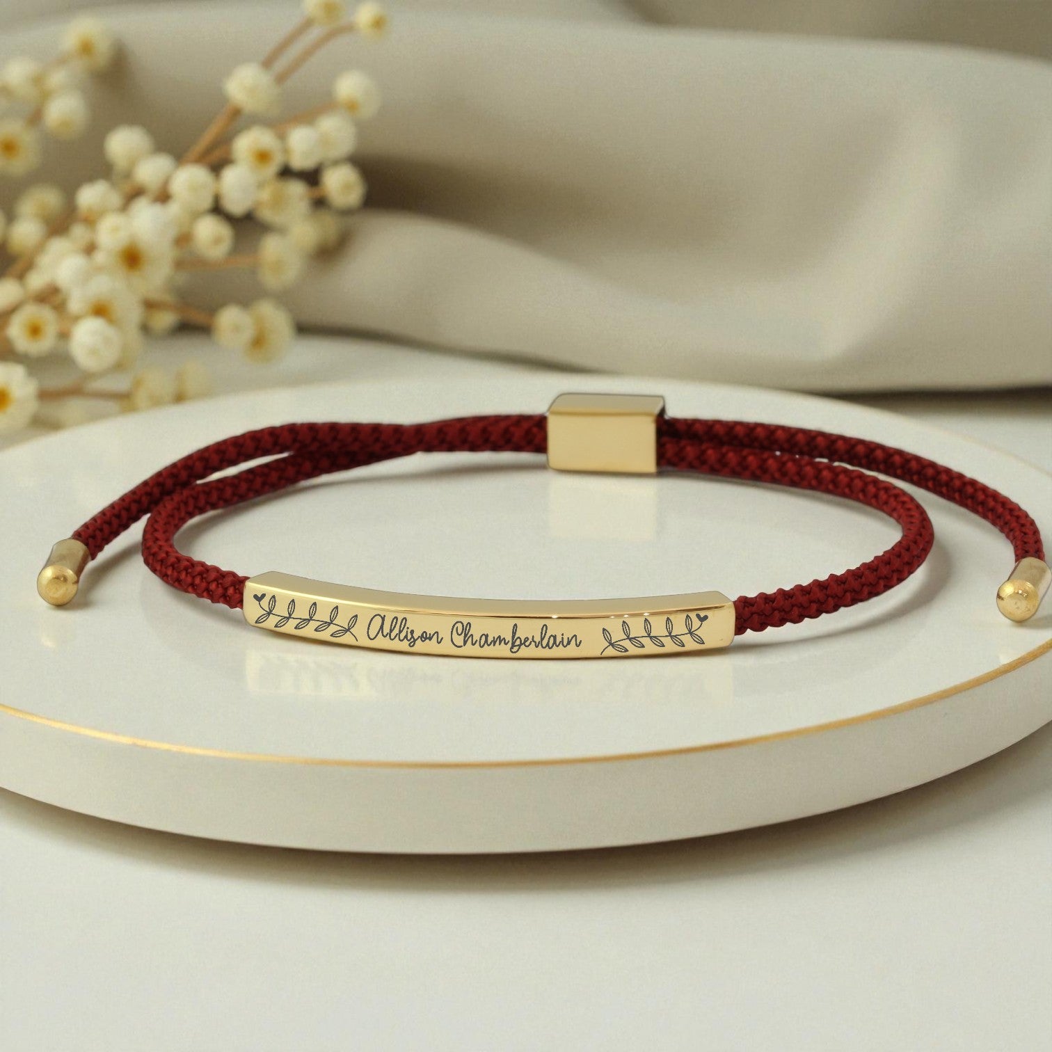 Maroon Cord Bracelet with Engraved Gold Plated Bar