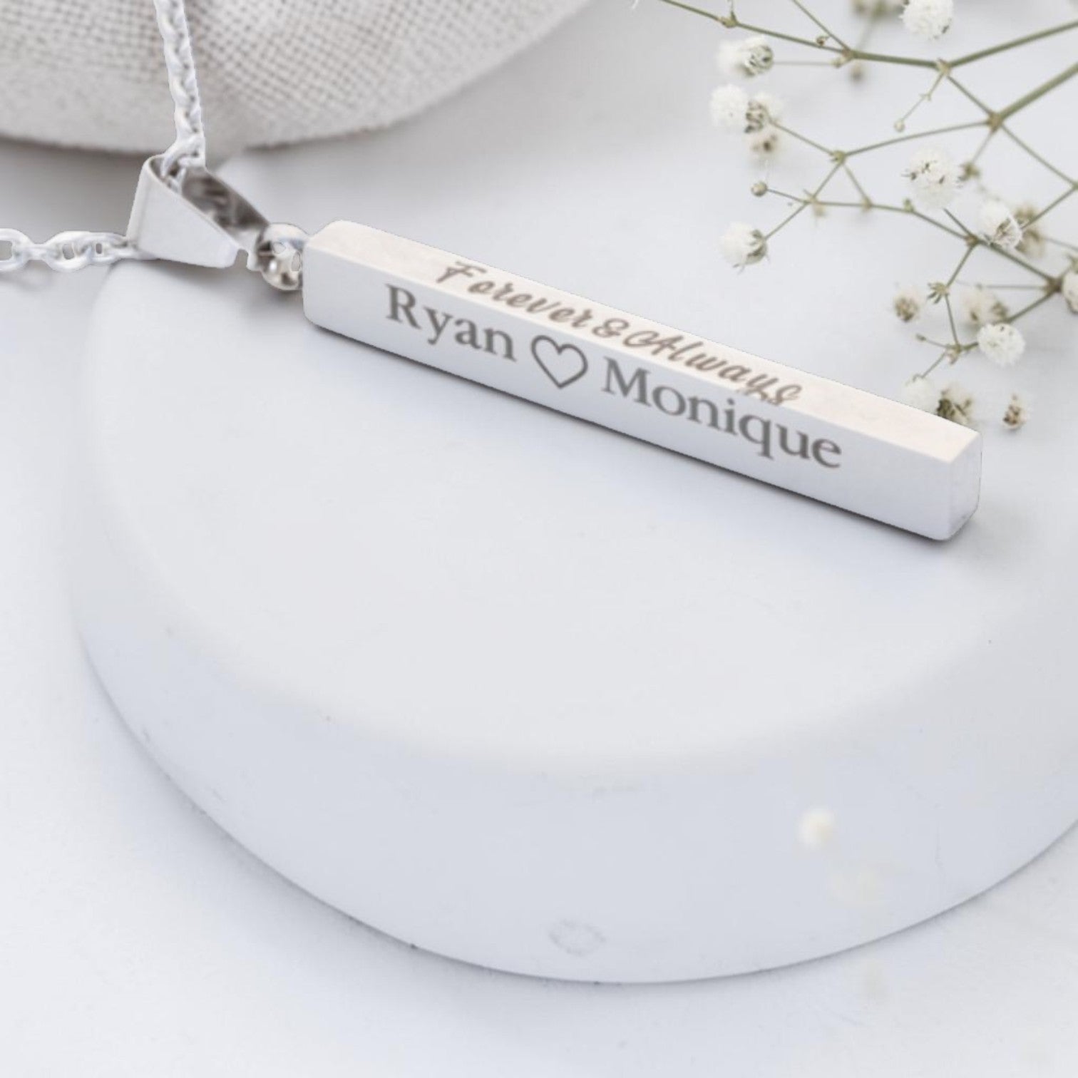 Custom Engraved Cube Bar Pendant and Chain