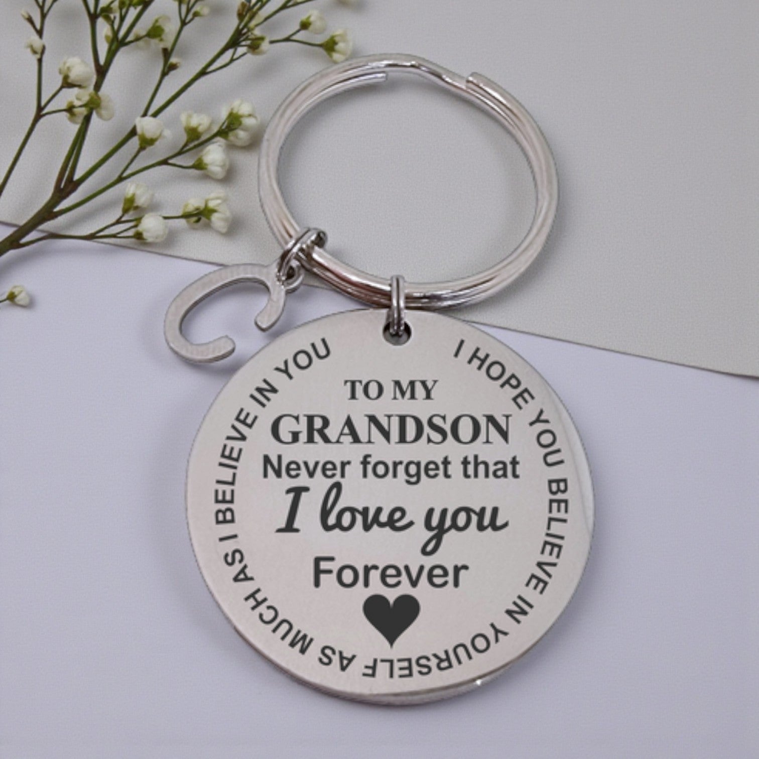 To my Grandson- Round Engraved Keyring With Letter Charm
