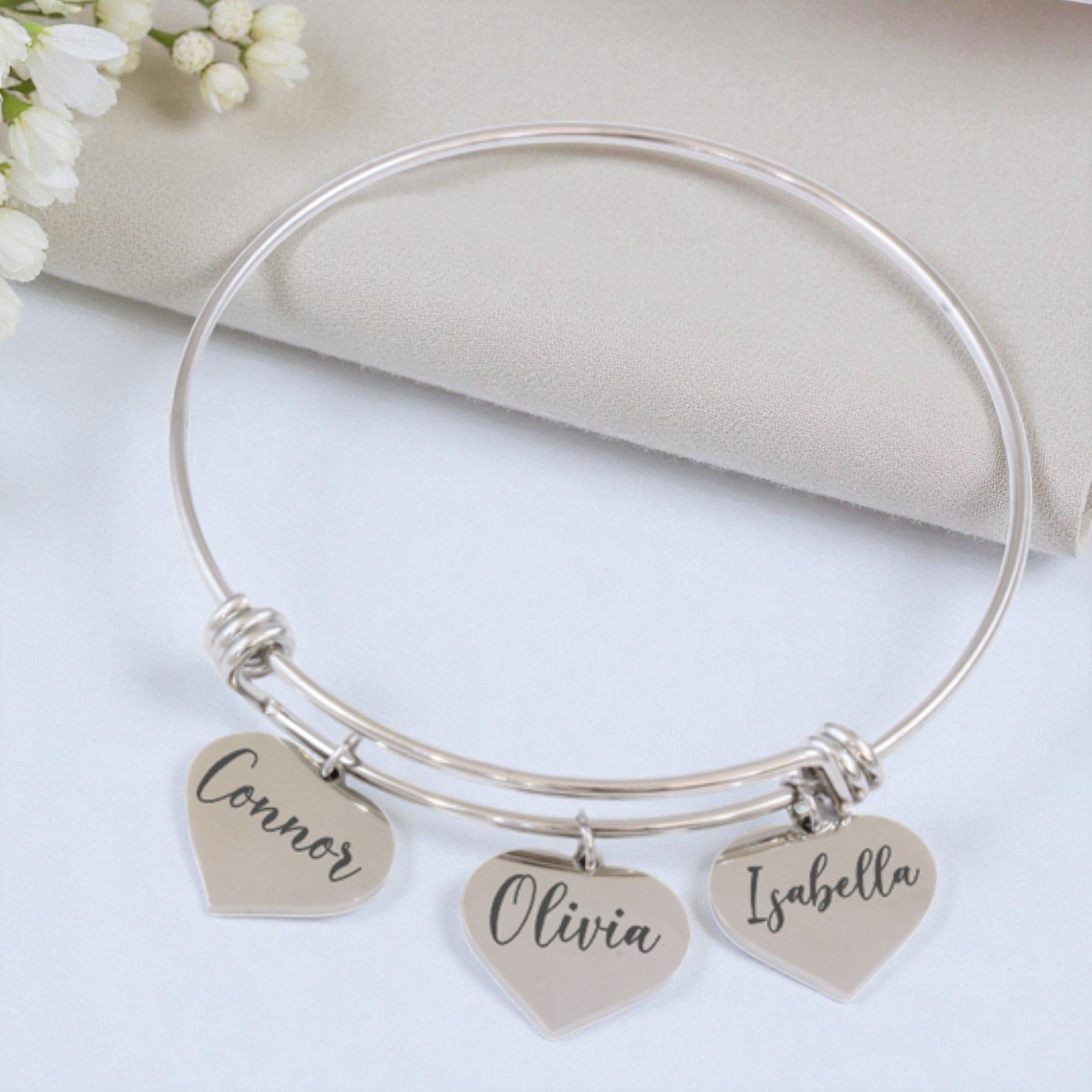 Adjustable Bangle with 3 Custom Engraved Heart Charms