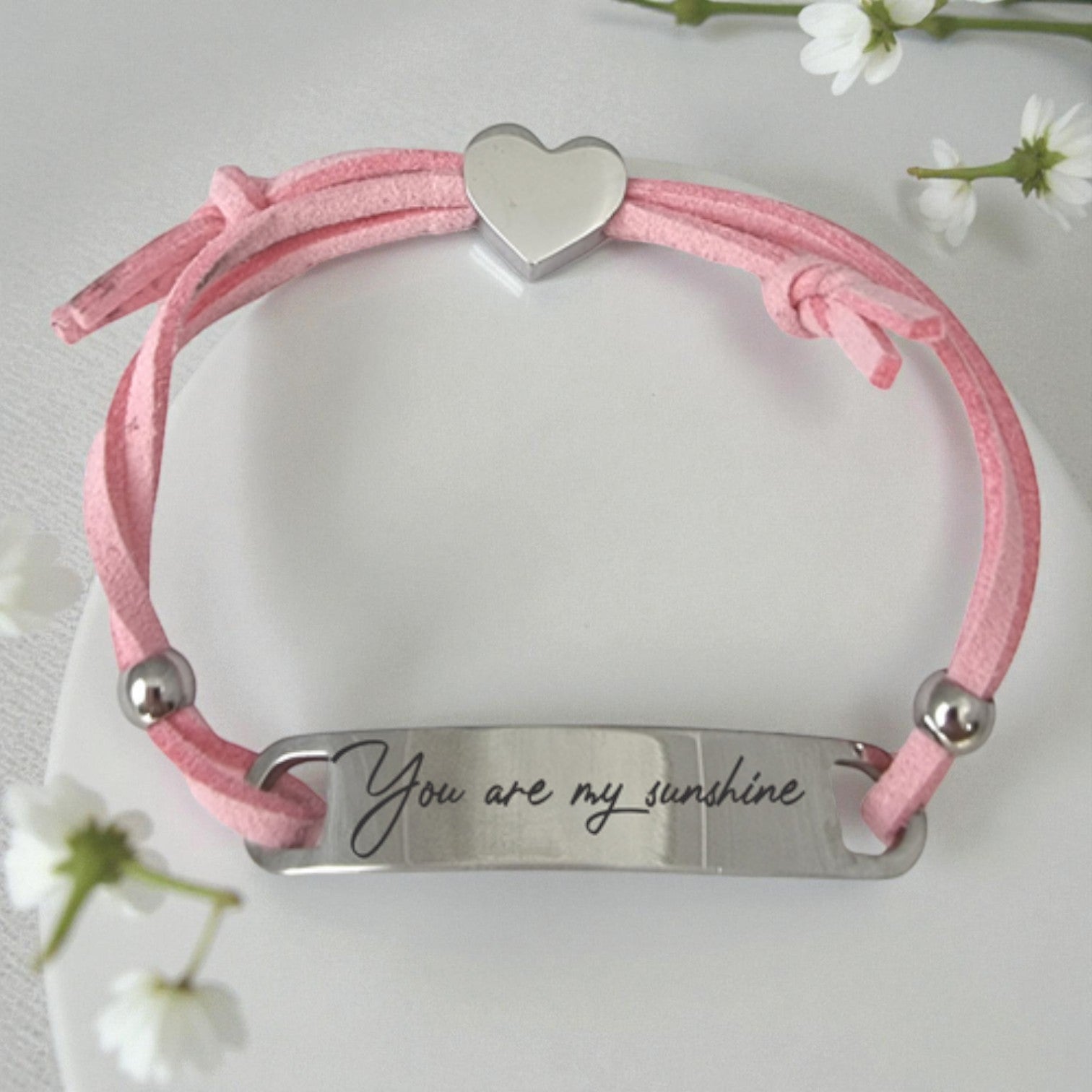 Personalized Kids Pink Cord ID Bracelet with Engraved Heart Charm