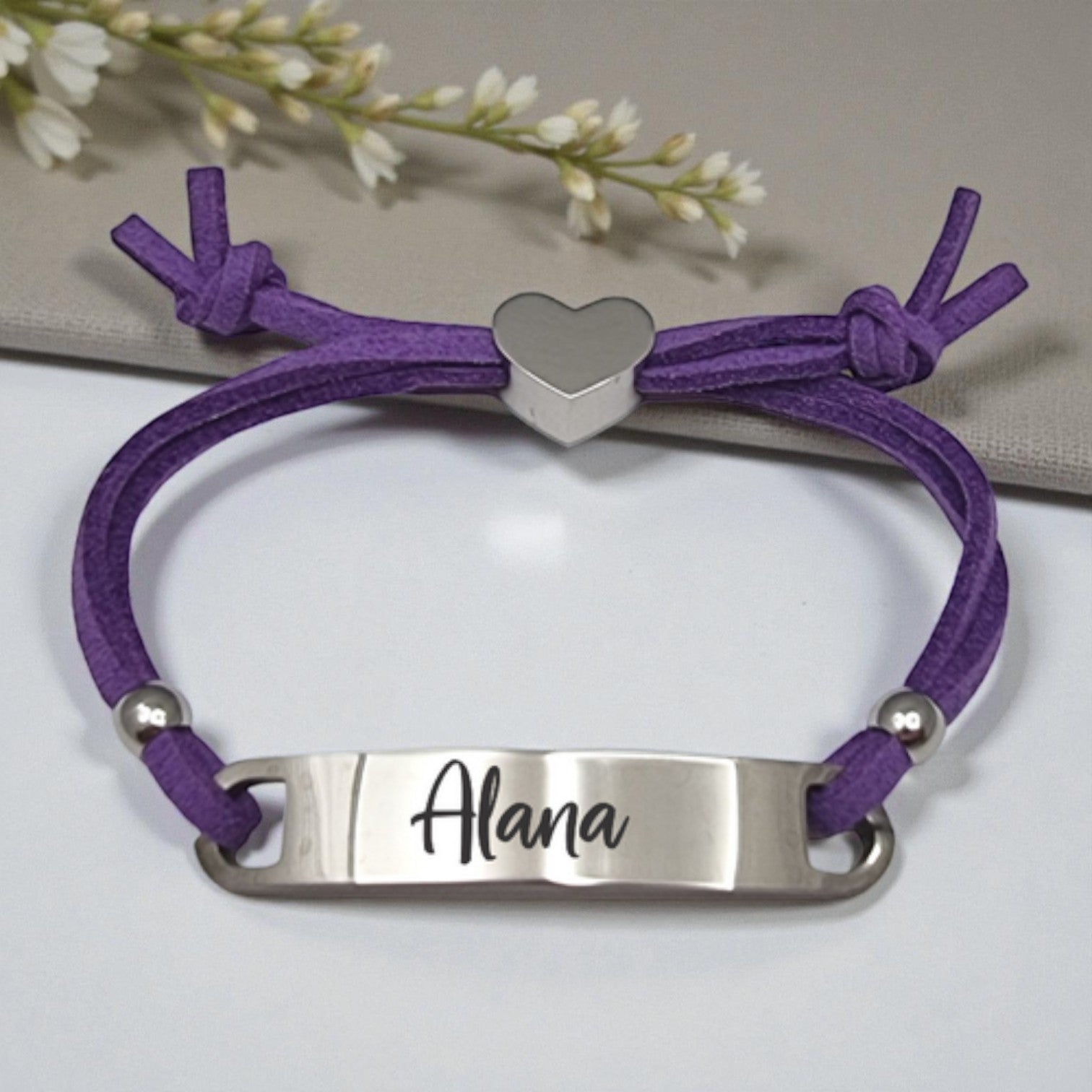 Personalized Kids Purple Cord ID Bracelet with Engraved Heart Charm