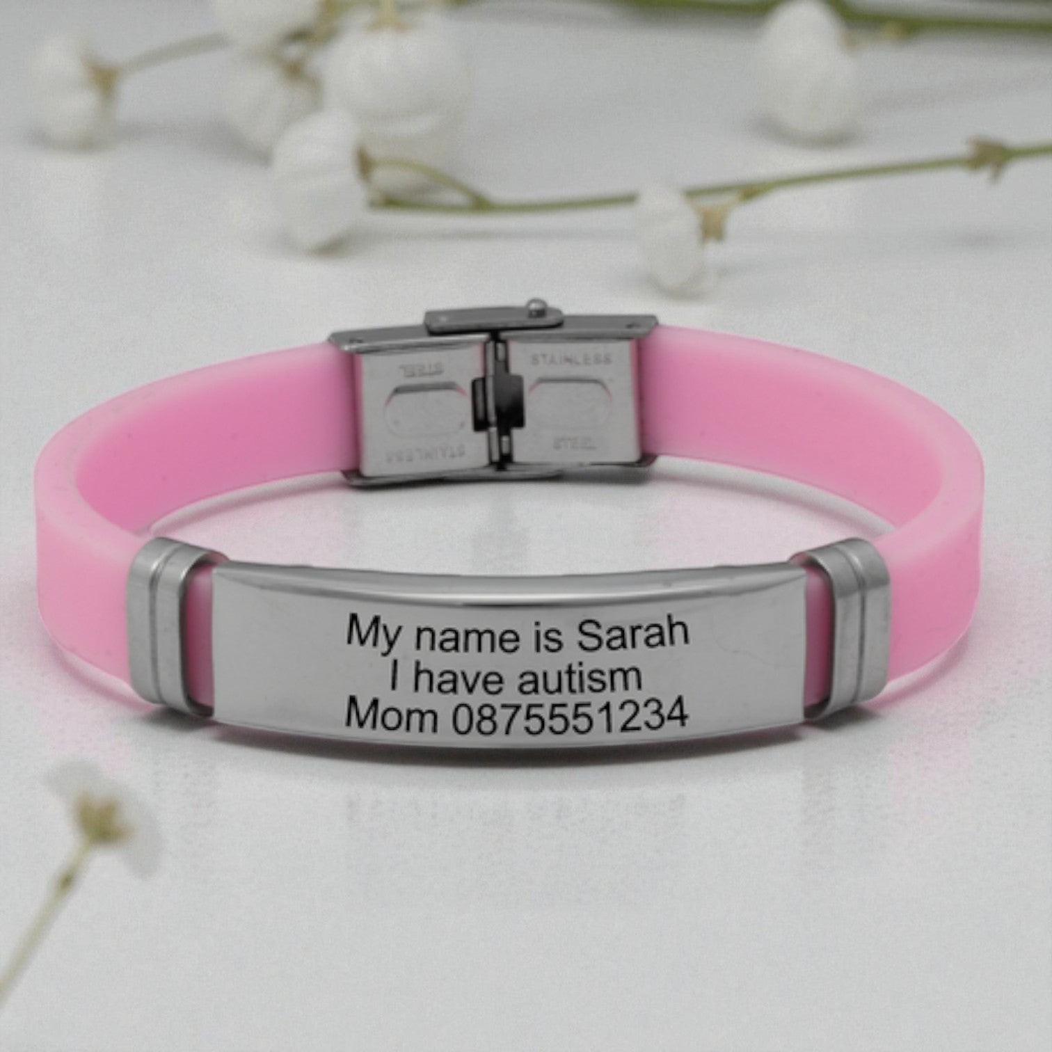 Personalized Engraved Pink Rubber Bracelet
