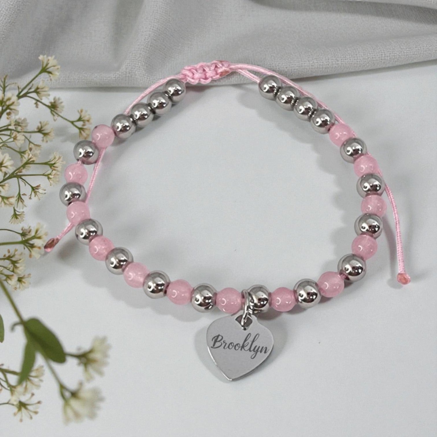Children's Custom Engraved Pink Bead Bracelet