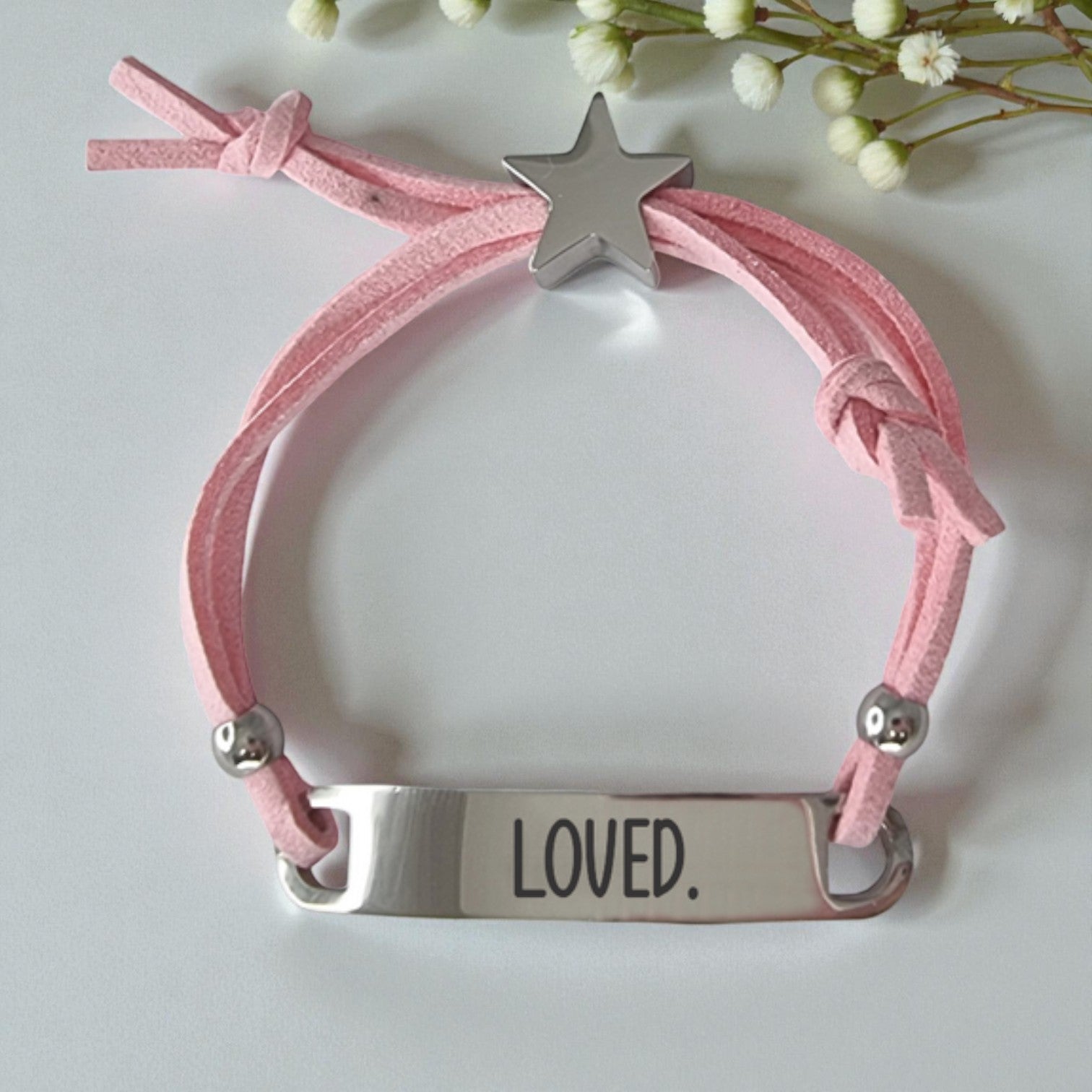 Kids Pink Cord ID Bracelet with Engraved Star Charm