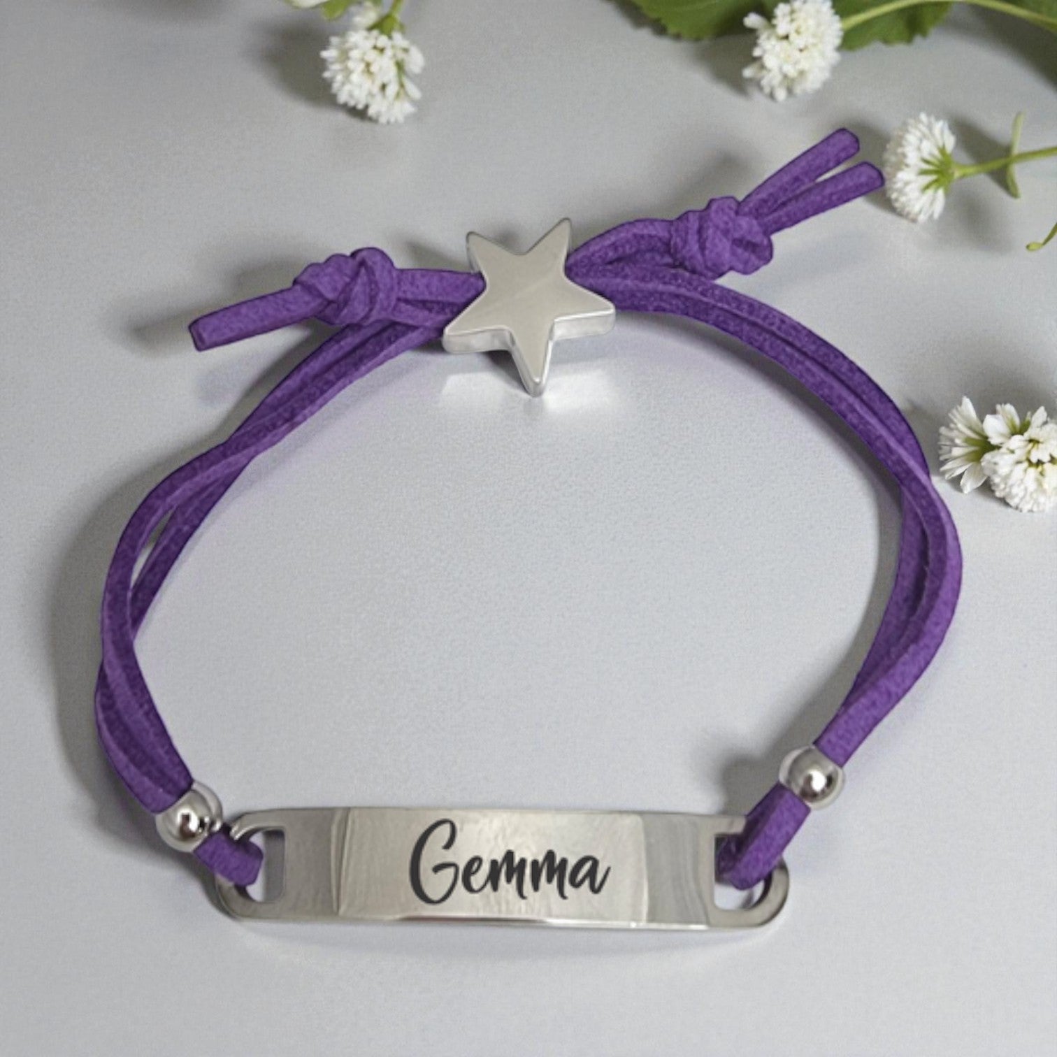 Kids Purple Cord ID Bracelet with Engraved Star Charm