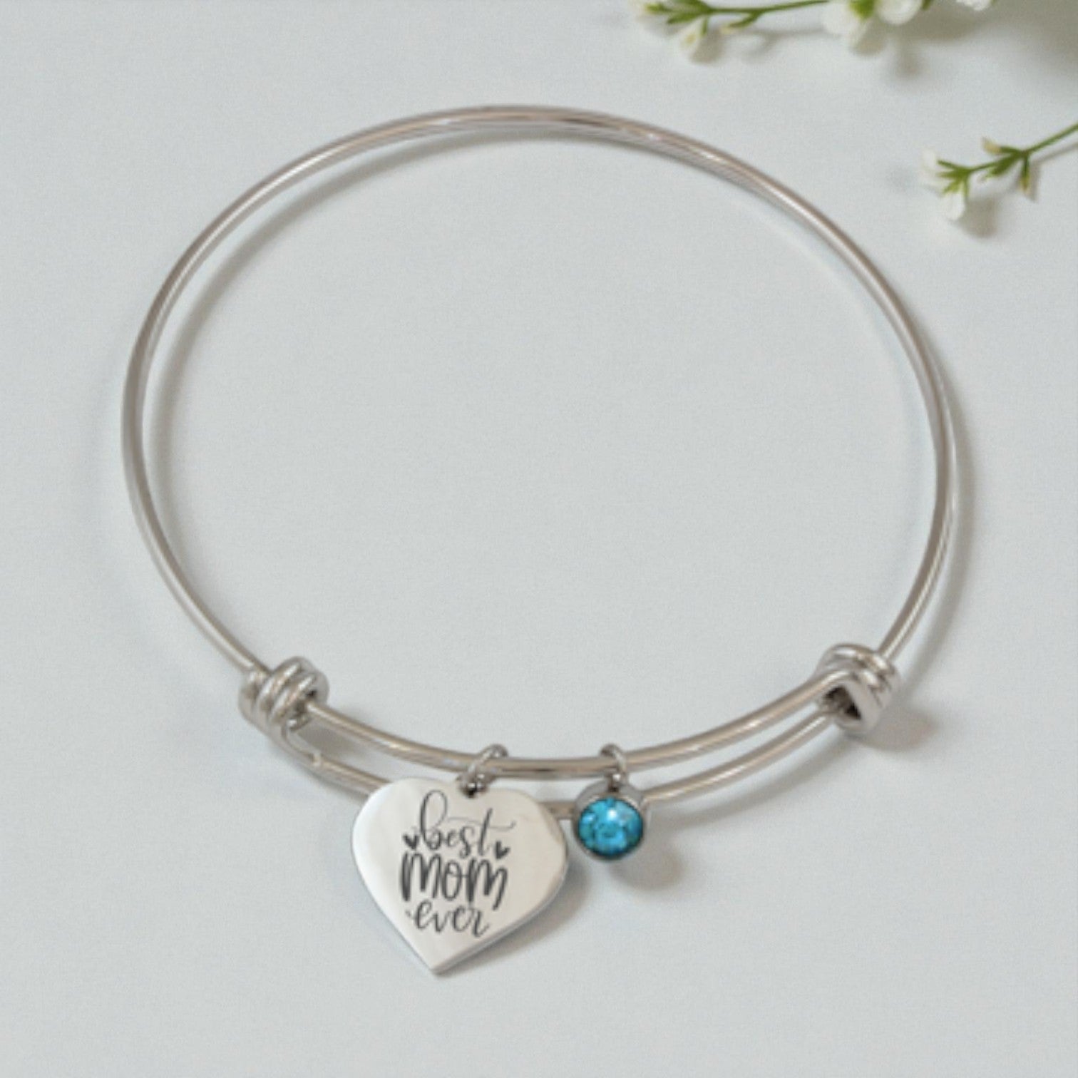 Adjustable Bangle with Heart & Birthstone Charms