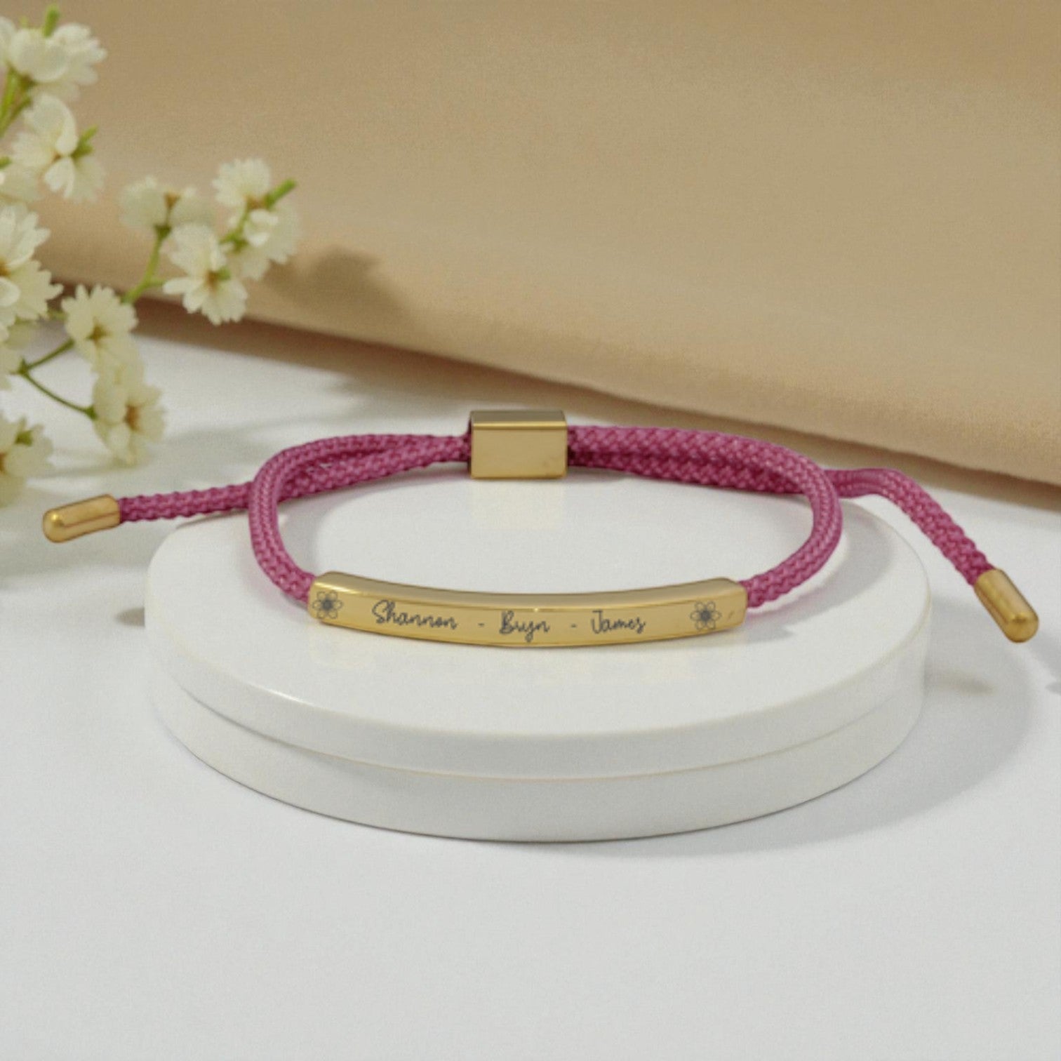 Dusty Pink Cord Bracelet with Engraved Gold Plated Bar