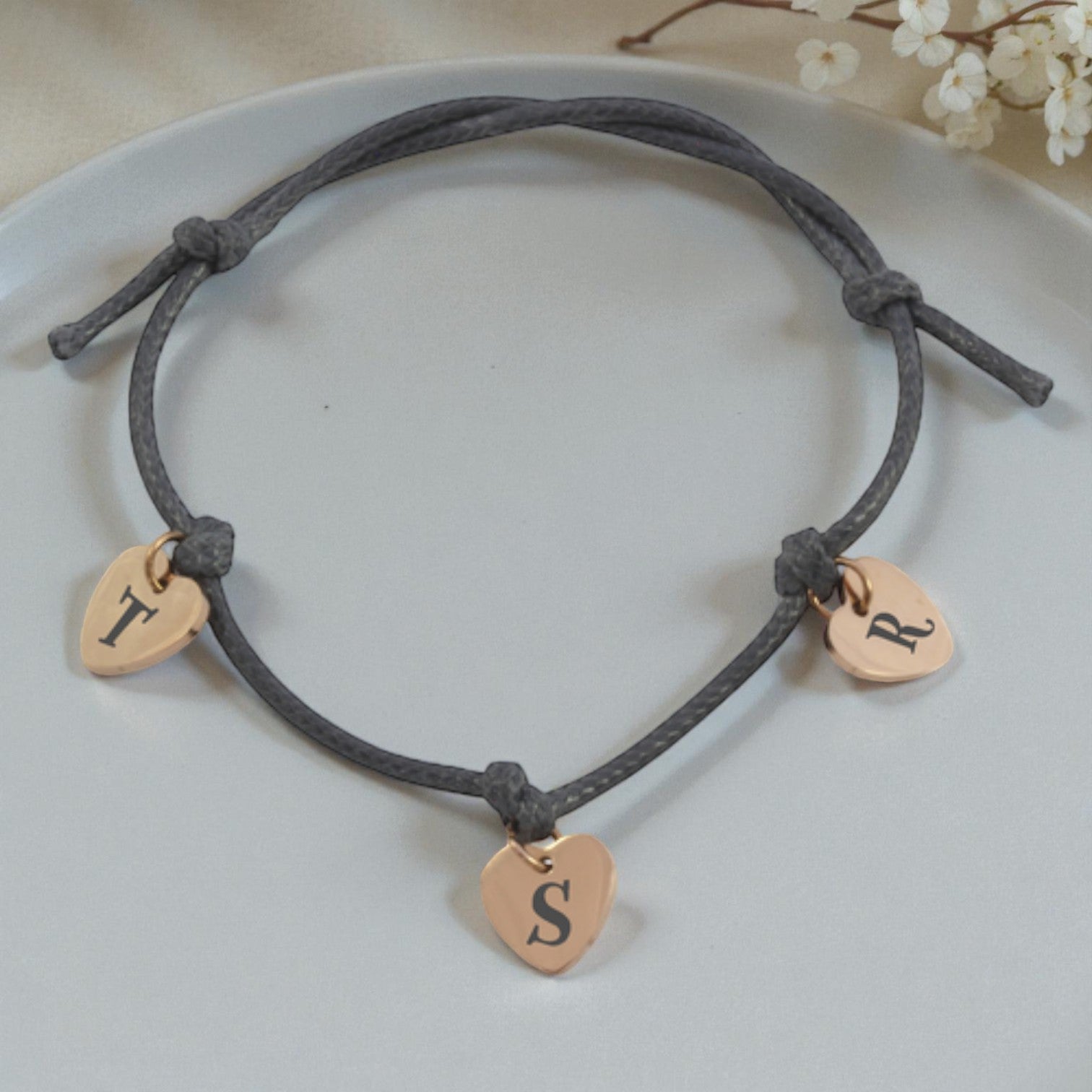 Grey Cord Bracelet with 3 Engraved Heart Charms