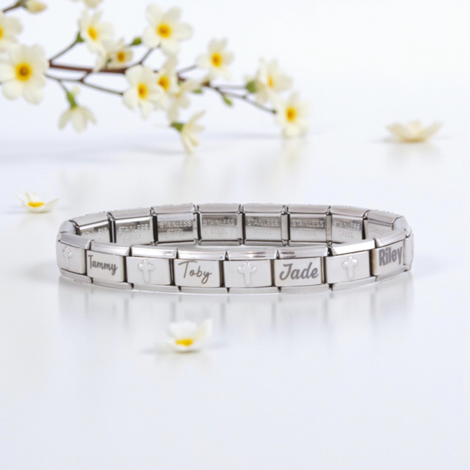 9mm Engraved Cross Italian Charm Bracelet