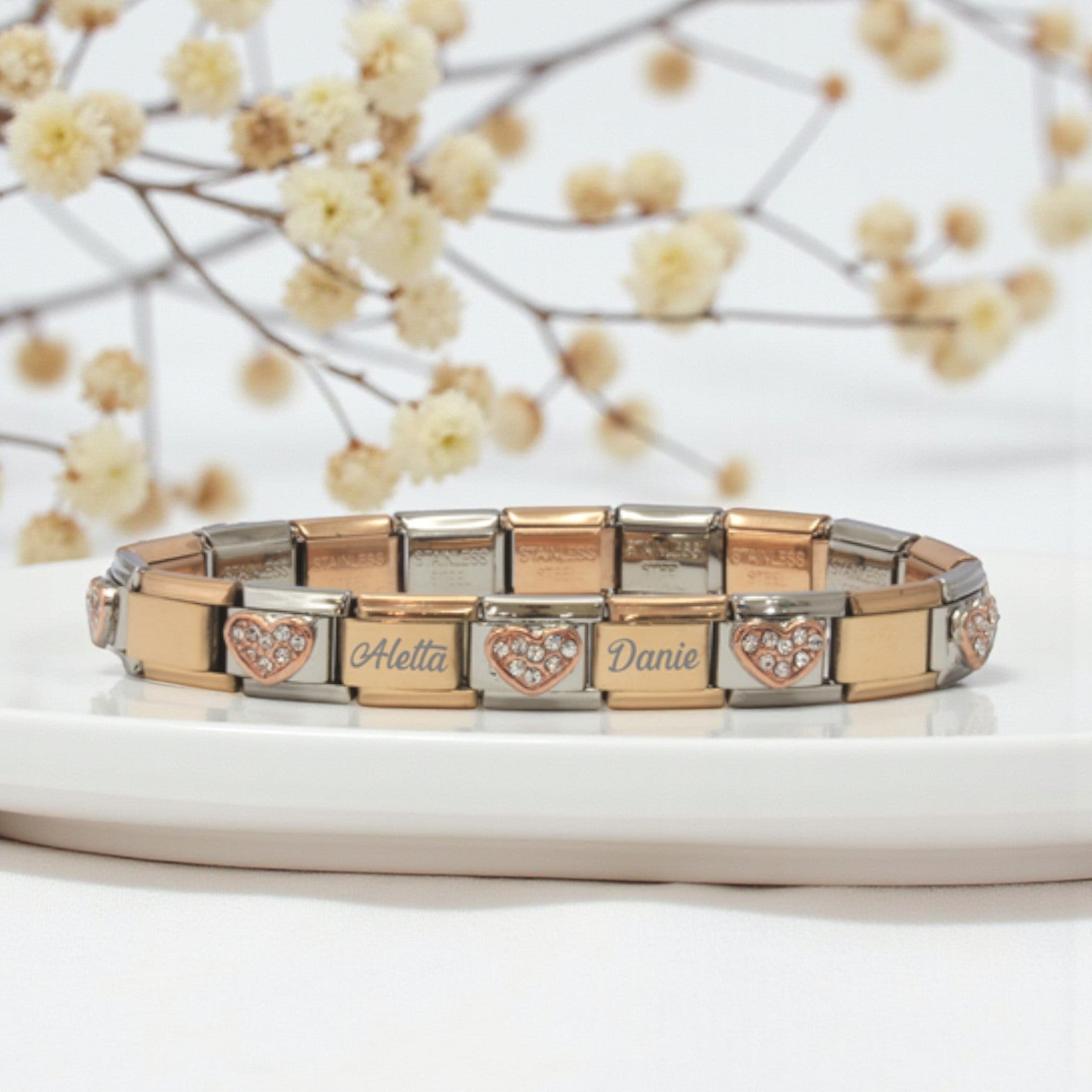 9mm Custom Engraved Rose Gold Heart Italian Charm Bracelet