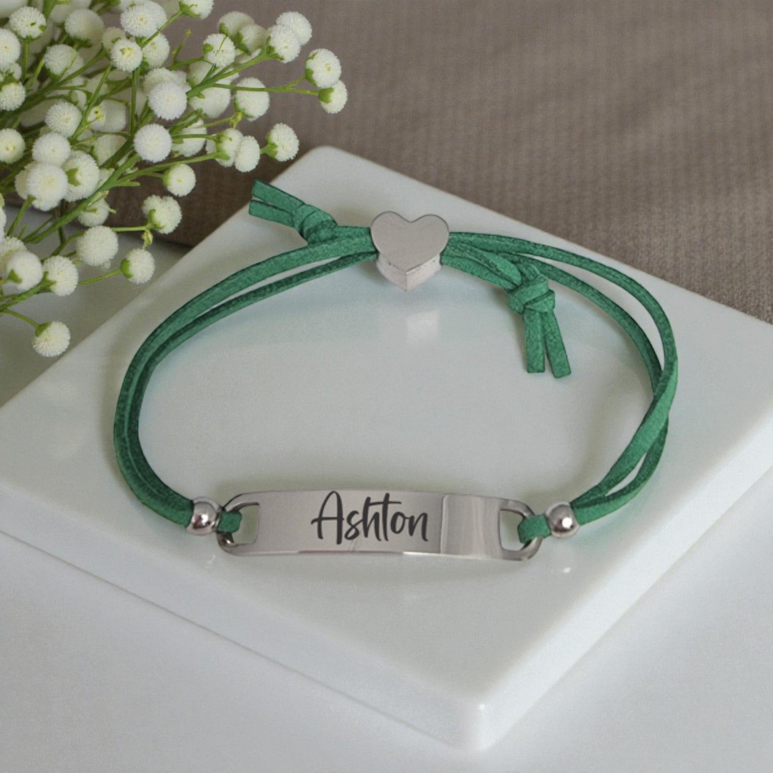 Kids Green Cord ID Bracelet with Engraved Heart Charm